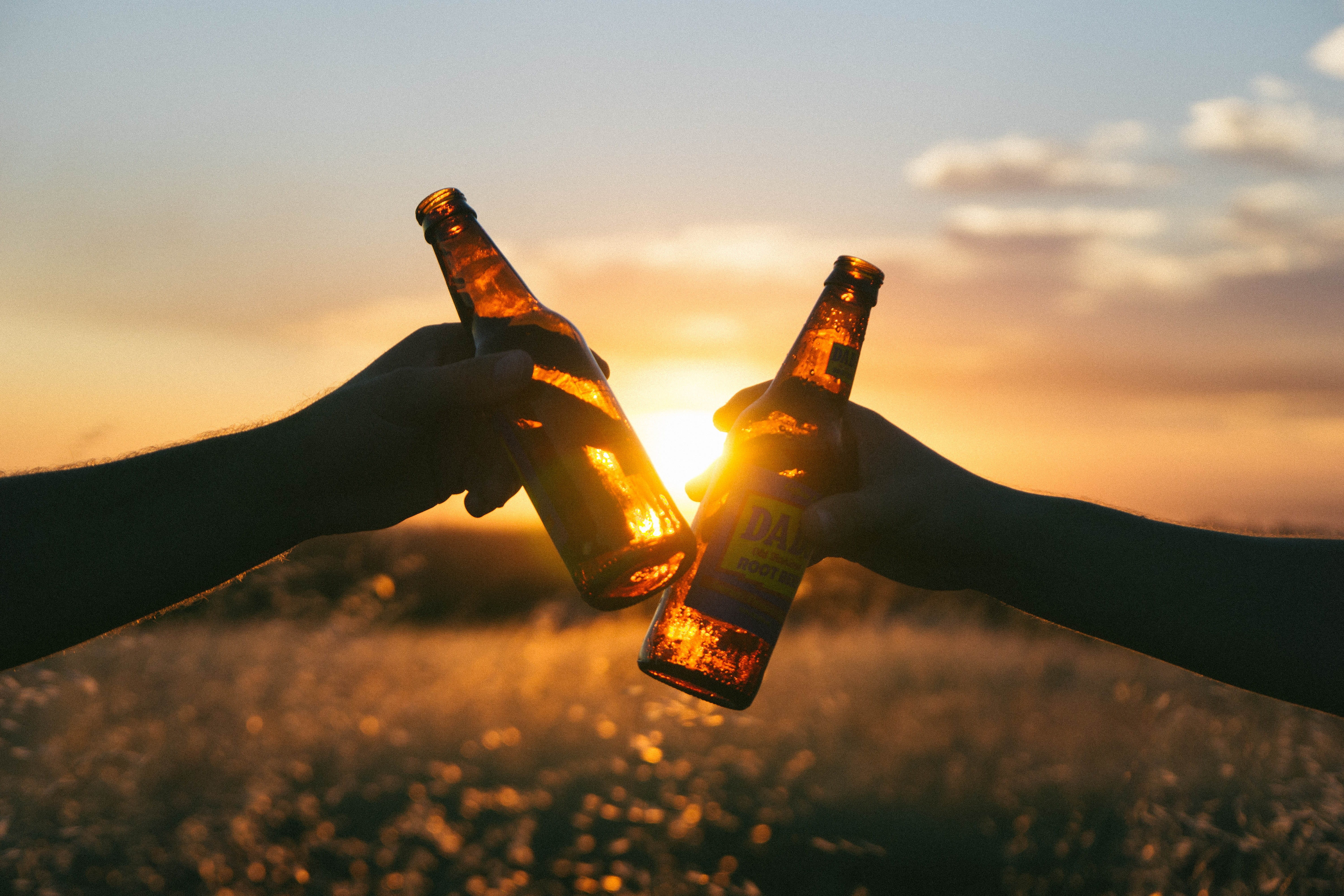 nature, bottles, sun, sunset, cheerful, lifestyle, woman, glass, hand, party, celebrate, two, celebratory toast, two people, adult, outdoors, congratulations, HD Wallpaper