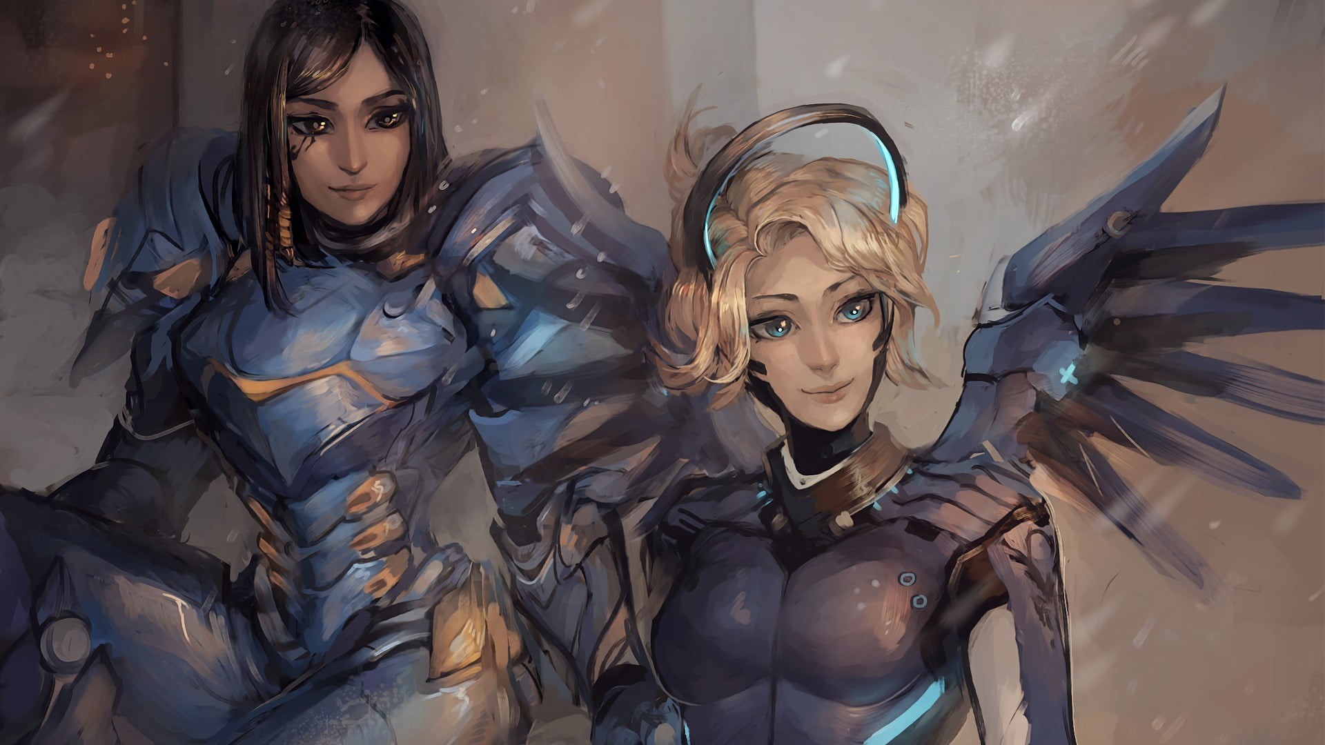 real people, Mercy (Overwatch), Pharah (Overwatch), hairstyle, 1080P, indoors, young women, beauty, video games, leisure activity, casual clothing, adult, HD Wallpaper