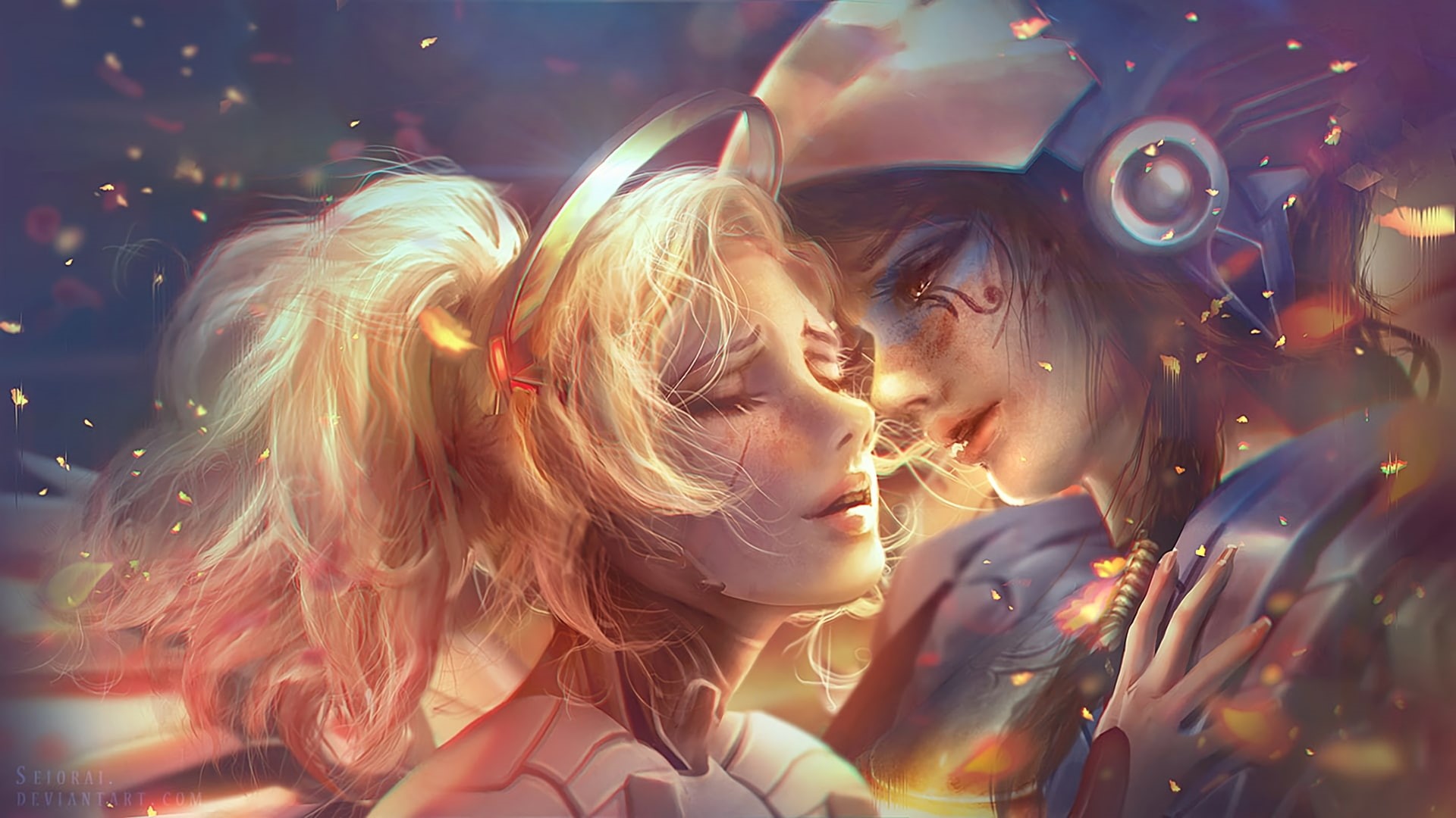 night, young adult, digital art, Pharah (Overwatch), Mercy (Overwatch), bonding, event, men, women, Overwatch, 1080P, real people, leisure activity, positive emotion, HD Wallpaper