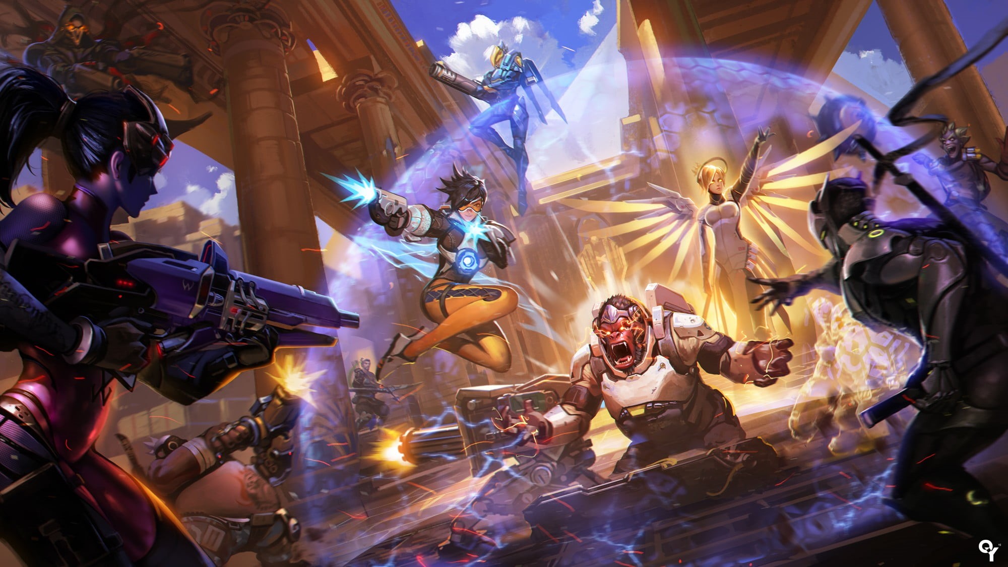 night, Junkrat (Overwatch), light - natural phenomenon, group of people, low angle view, crowd, Overwatch, indoors, screenshot, women, Torbjörn (Overwatch), HD Wallpaper