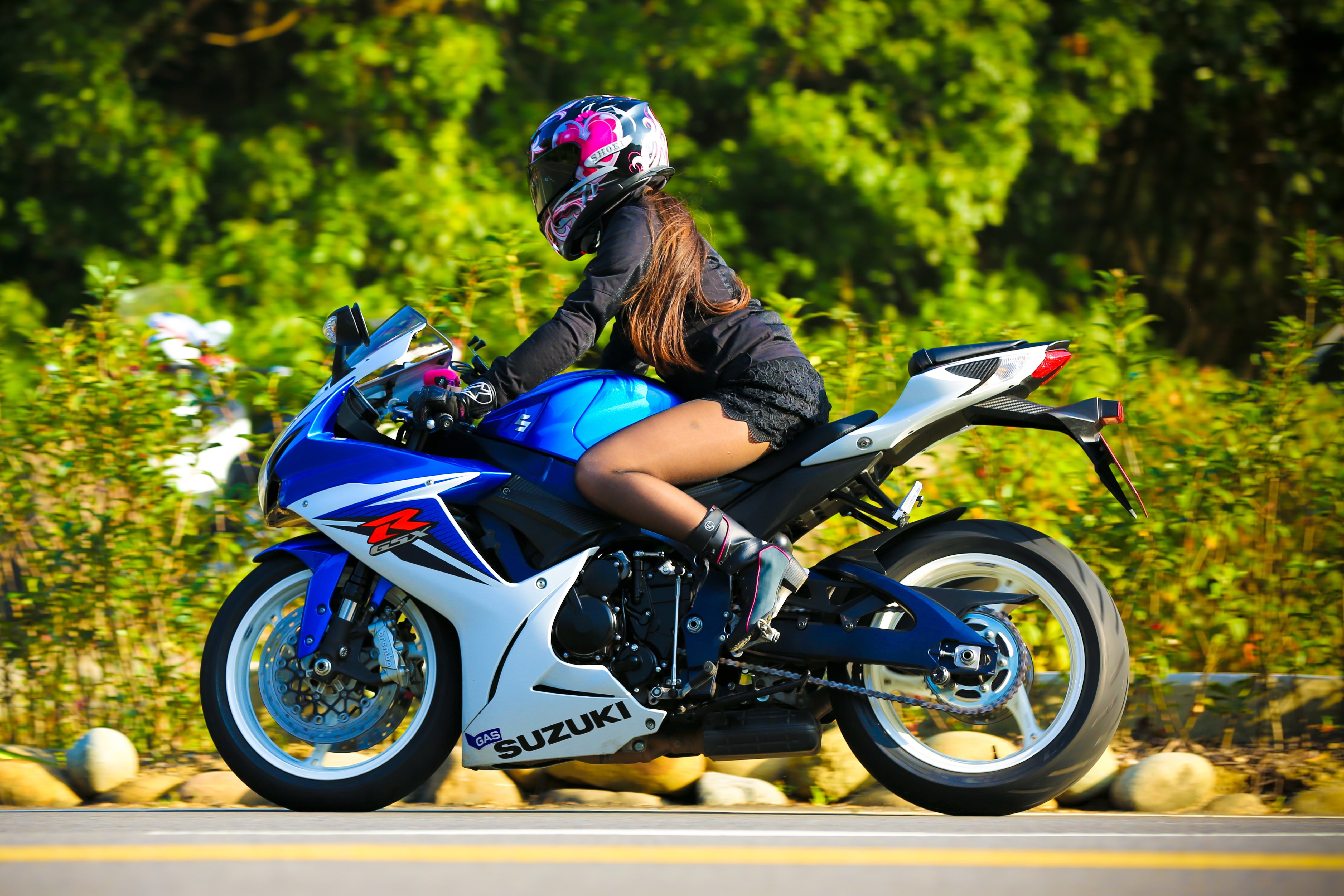 ride, headwear, Suzuki, Suzuki GSX-R, sport, outdoors, lifestyles, girl, leisure activity, real people, r, crash helmet, full length, white, bike, riding, HD Wallpaper