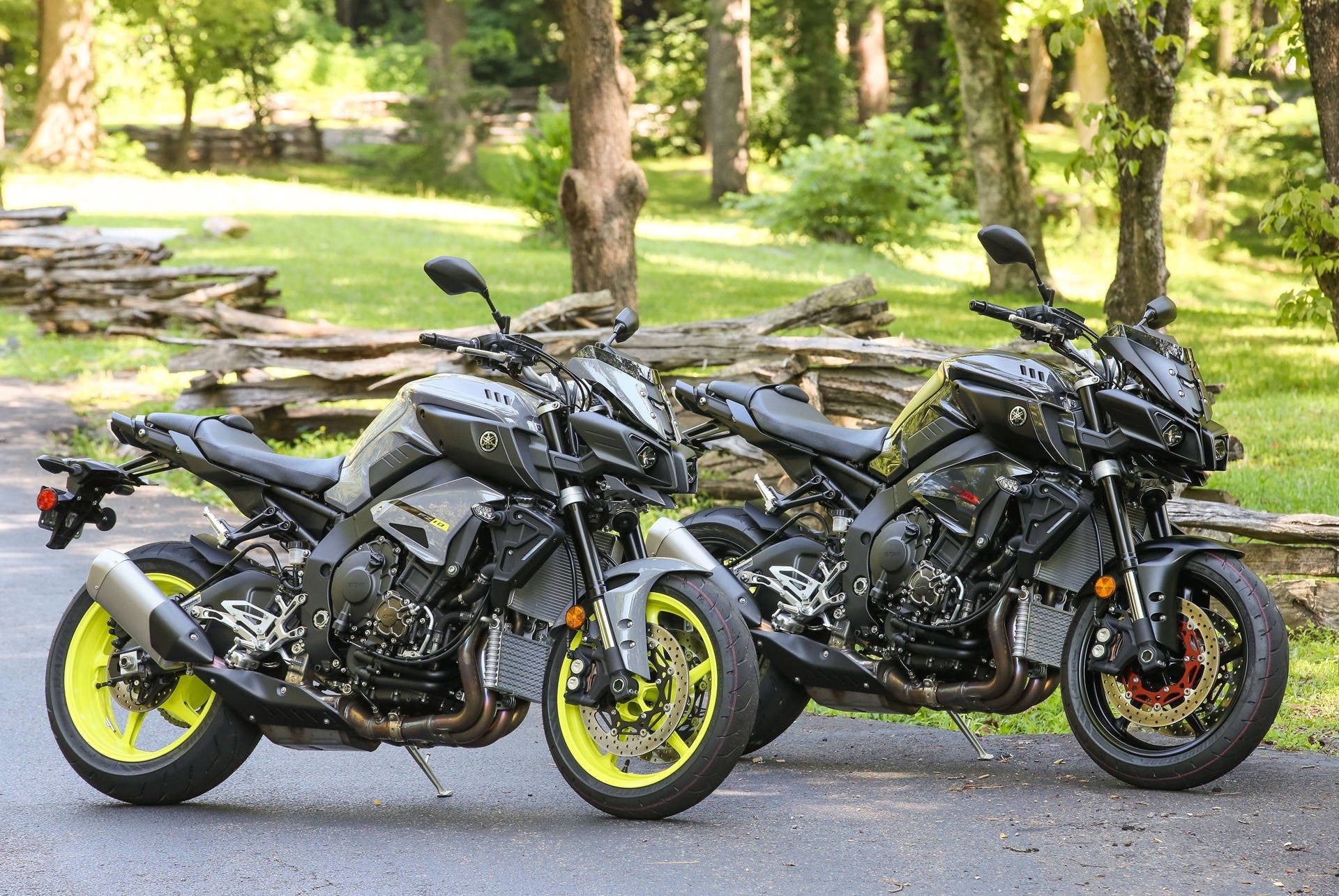 focus on foreground, nature, day, 1080P, tree, field, green color, sunlight, Yamaha FZ-10, transportation, street, land, stationary, no people, parking, HD Wallpaper