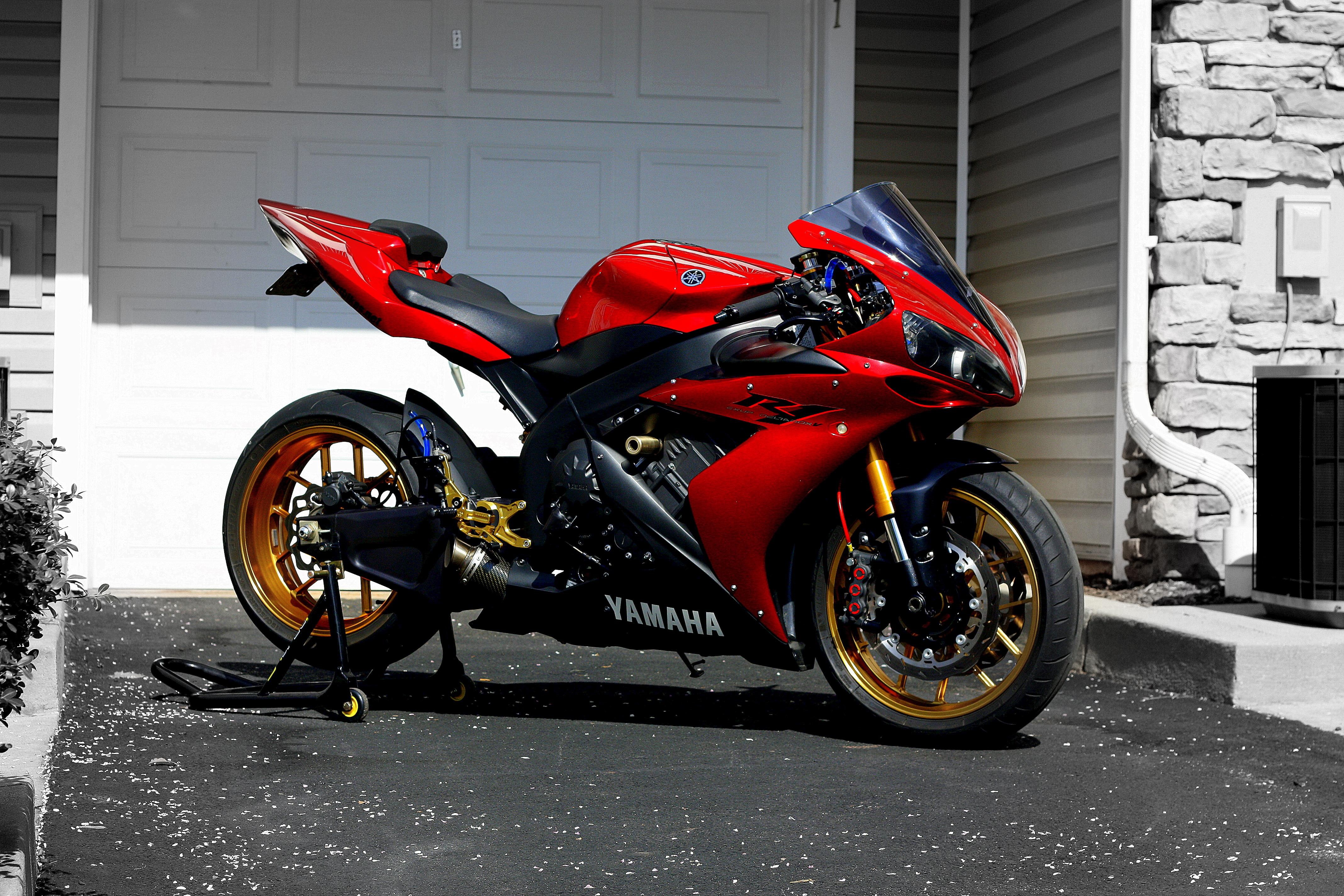 motorcycle, sportbike, black, red, sports, 4K, yamaha, r, HD Wallpaper