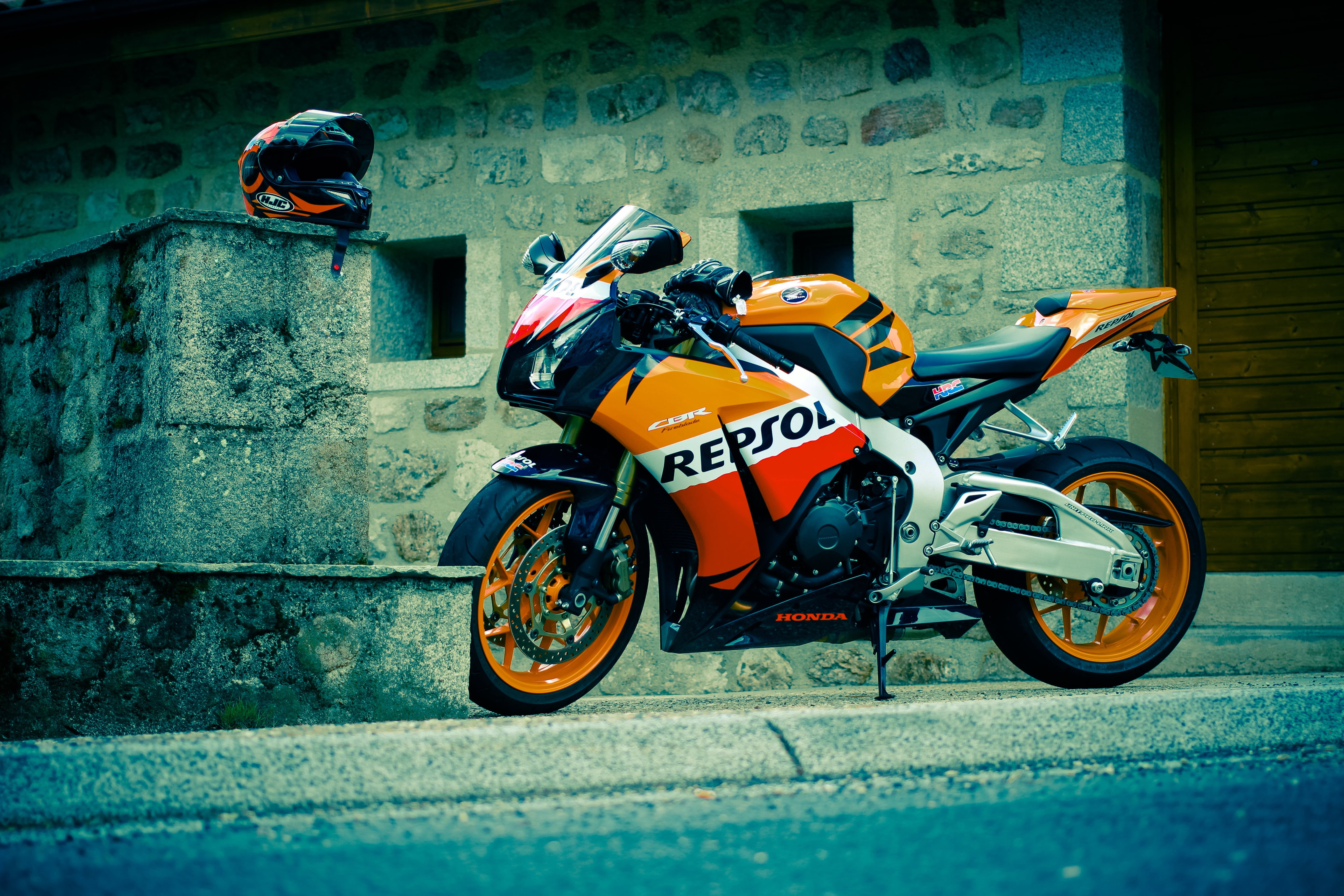 road, sport, cycling, honda, repsol, outdoors, day, competition, wheel, engine, stationary, fireblade, wall - building feature, built structure, crash helmet, HD Wallpaper