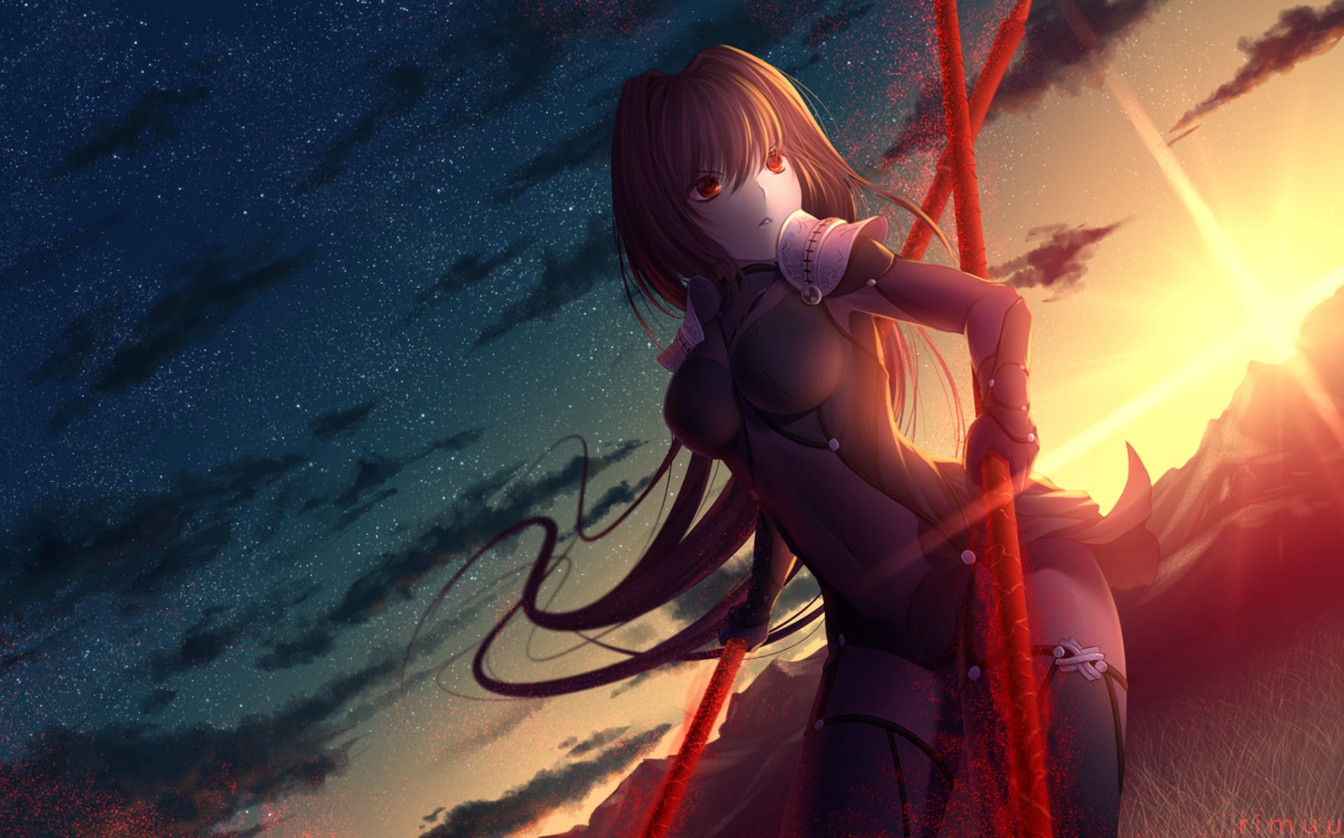 1080P, beauty in nature, three quarter length, Scathach (Fate/Grand Order), lifestyles, females, child, one person, leisure activity, sunset, sun, girls, HD Wallpaper