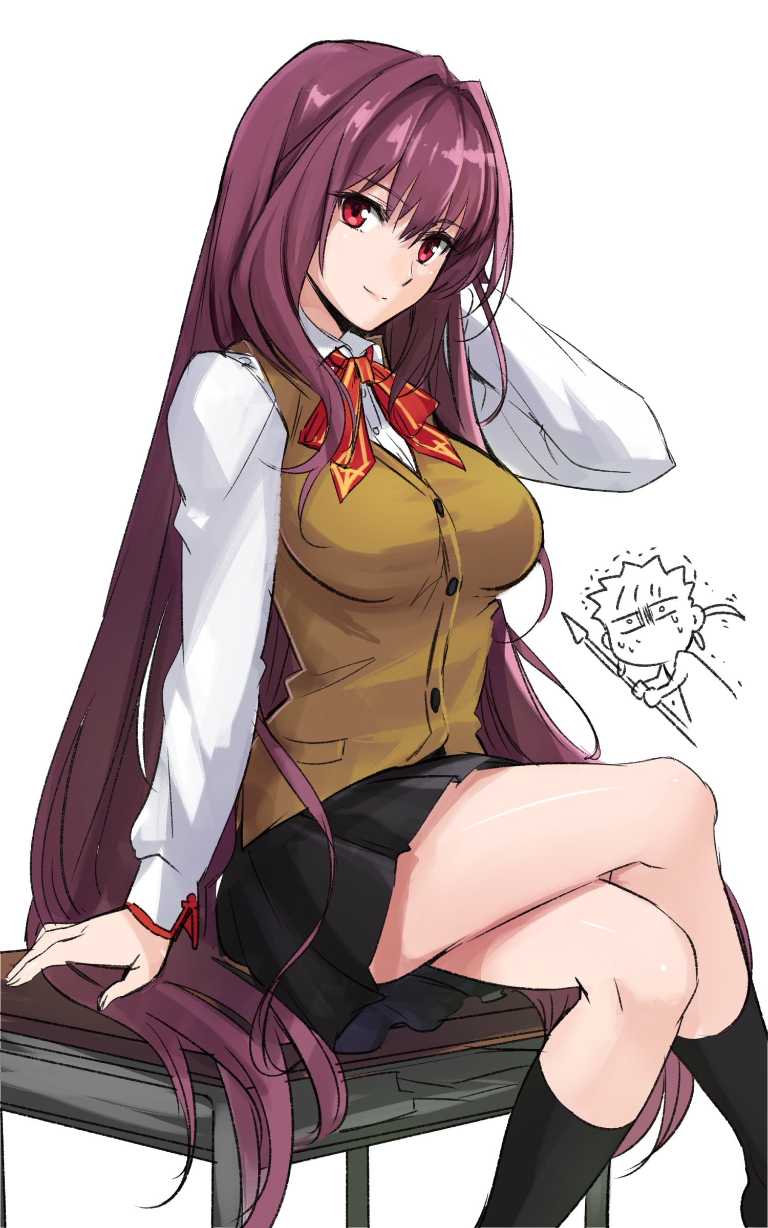 long hair, simple background, purple eyes, Scathach ( Fate/Grand Order ), skirt, Lancer (Fate/Grand Order), black hair, anime, artwork, portrait display, Phone HD Wallpaper