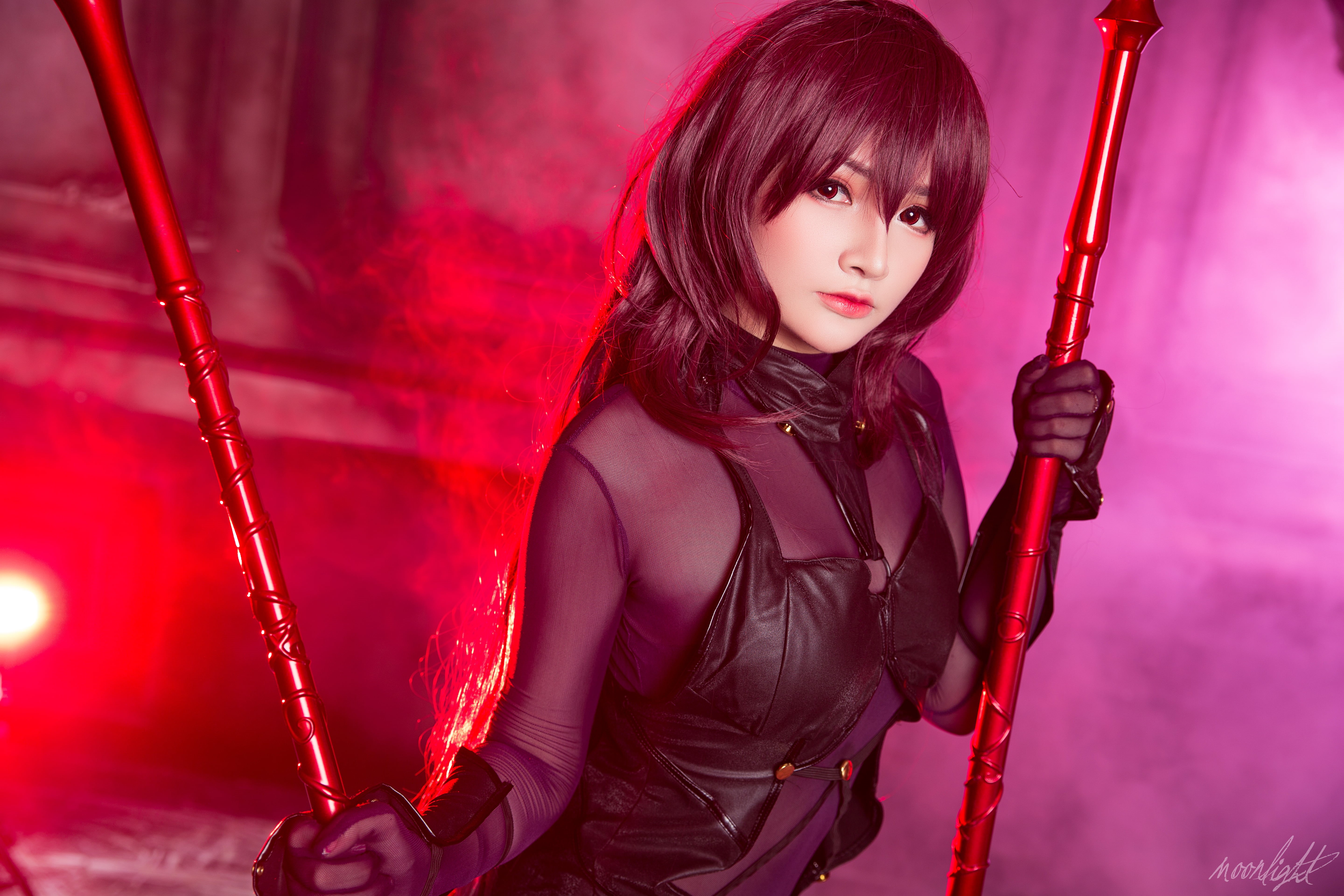 see-through clothing, Scathach (Fate/Grand Order), cosplay, women, model, portrait, Scáthach(Fate/Grand Order), Asian, smoke, Fate/Grand Order, 5K, MiMi Chan, HD Wallpaper