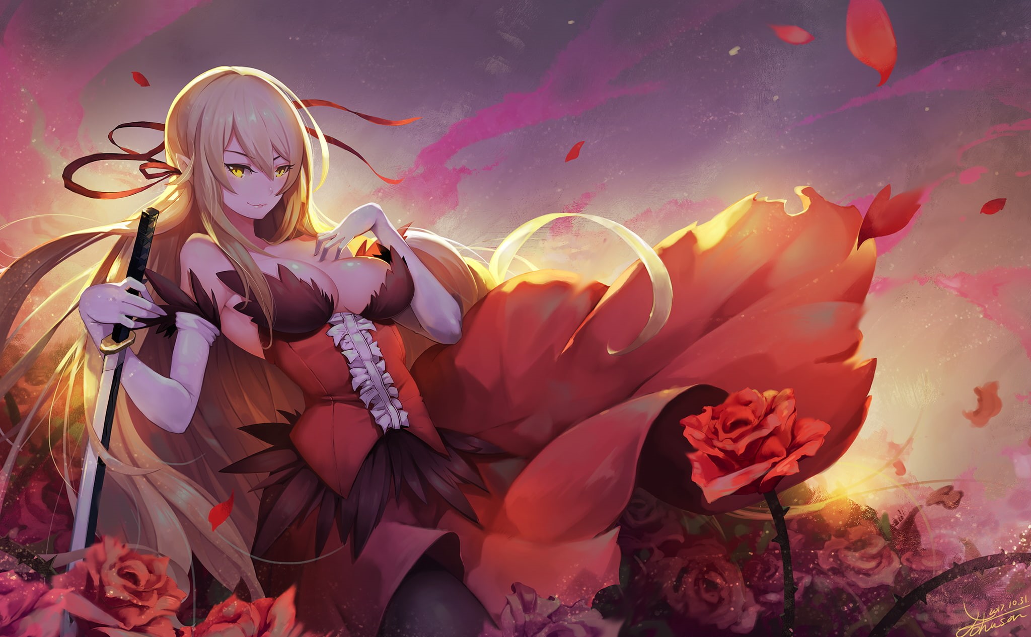 Monogatari Series, no people, petal, close-up, art and craft, sword, ribbon, plant, indoors, long hair, vulnerability, nature, flower, representation, blonde, HD Wallpaper