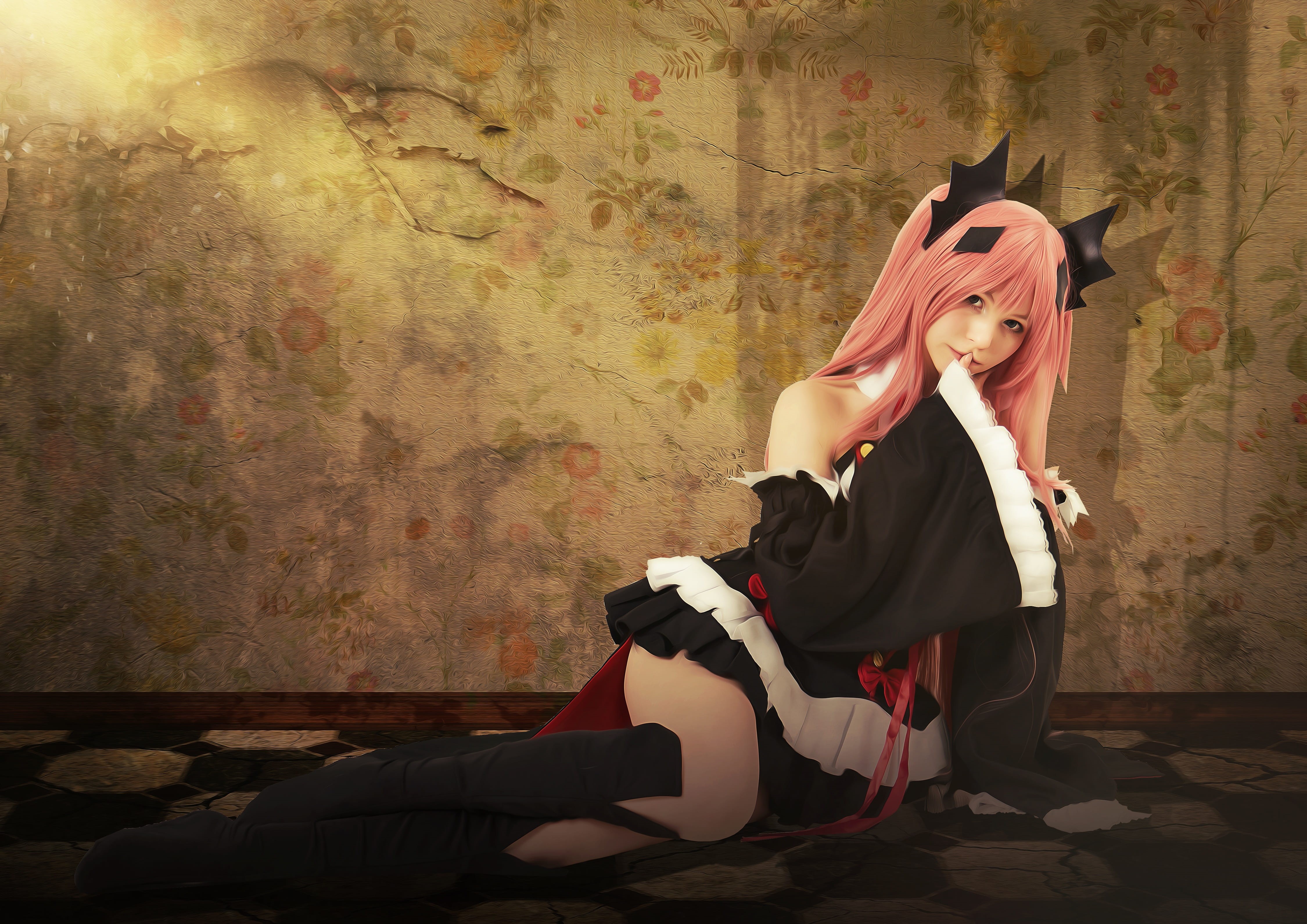 indoors, manga, emotion, girl, adult, fashion, portrait, cosplay, woman, young, manga style, wall - building feature, beauty, sitting, one person, HD Wallpaper