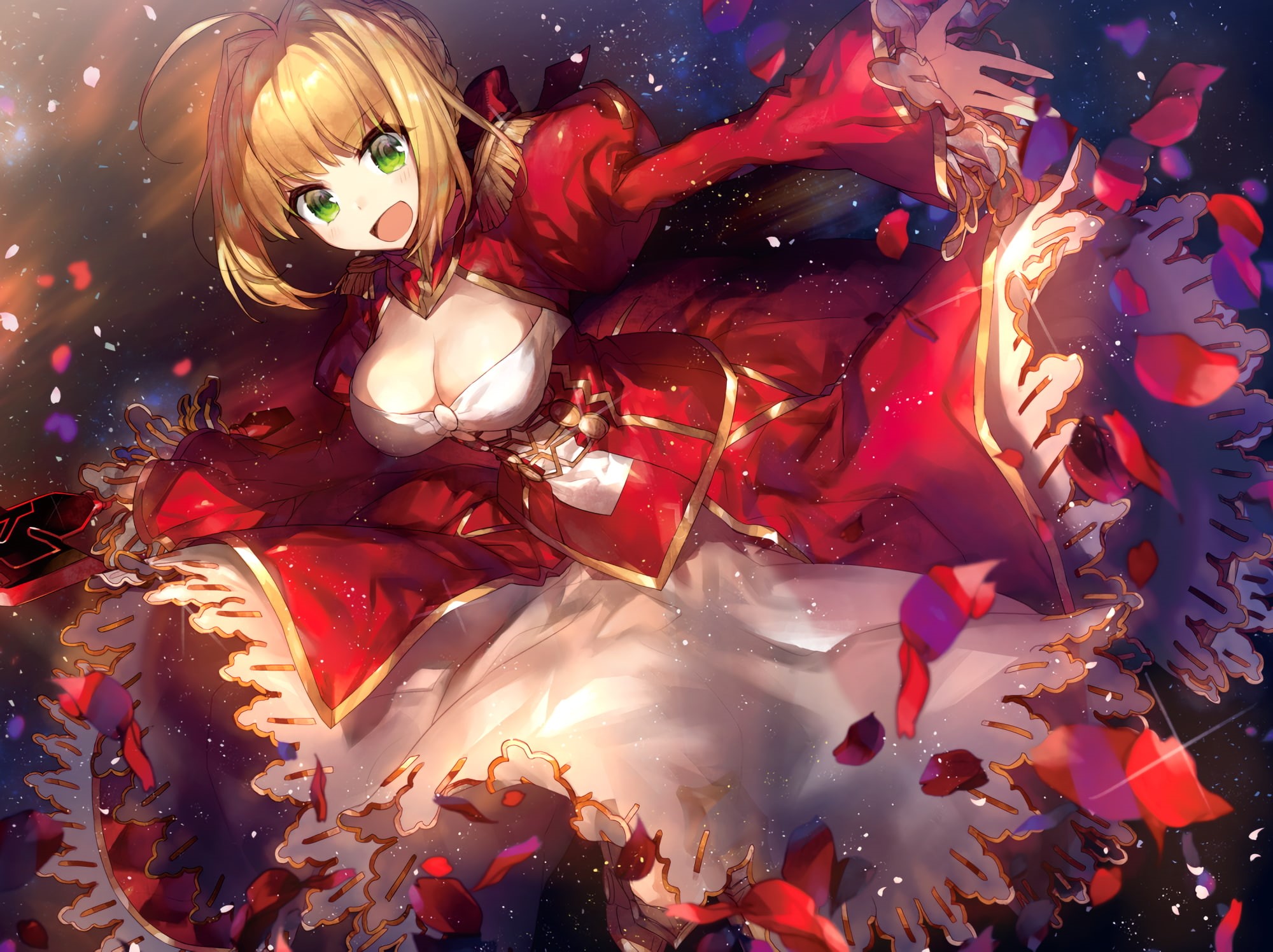 Saber, short hair, Fate/Extra, anime, weapon, anime girls, blonde, green eyes, sword, open shirt, 1080P, HD Wallpaper