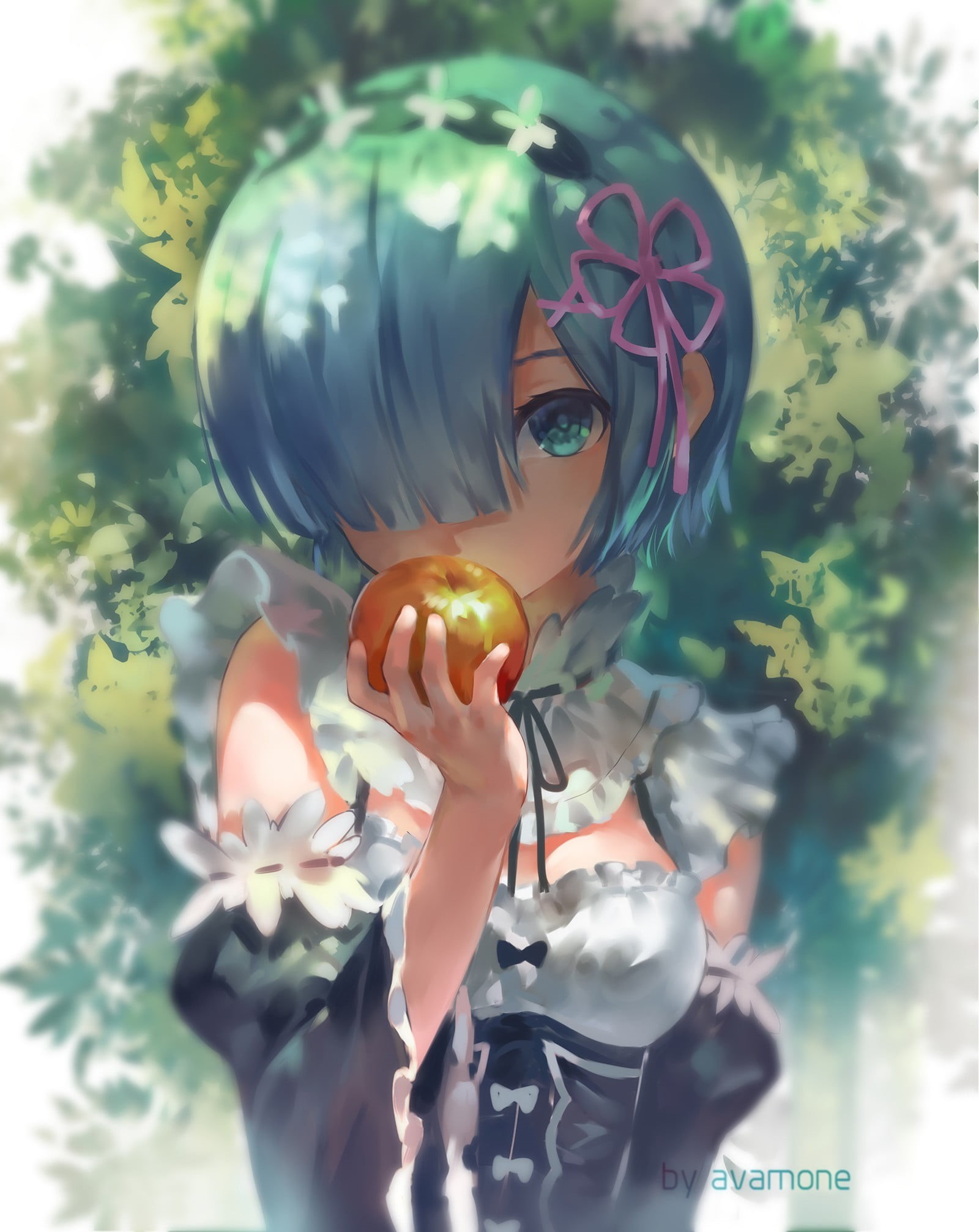 creativity, sunlight, Re:Zero Kara Hajimeru Isekai Seikatsu, art and craft, representation, no people, tree, day, close-up, open shirt, cleavage, female likeness, Phone HD Wallpaper