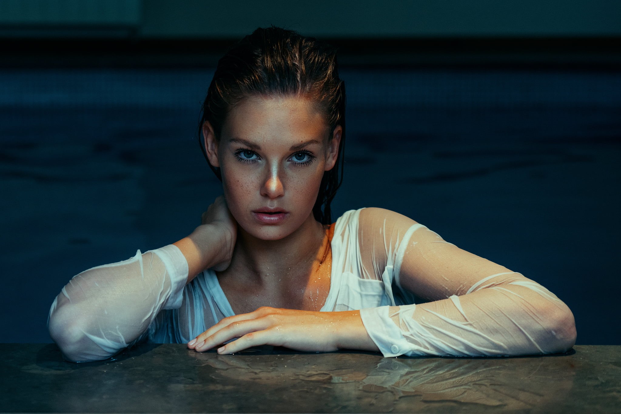 lifestyles, white shirt, water, swimming pool, portrait, young adult, blonde, blue eyes, headshot, one person, hairstyle, beautiful woman, freckles, young women, HD Wallpaper