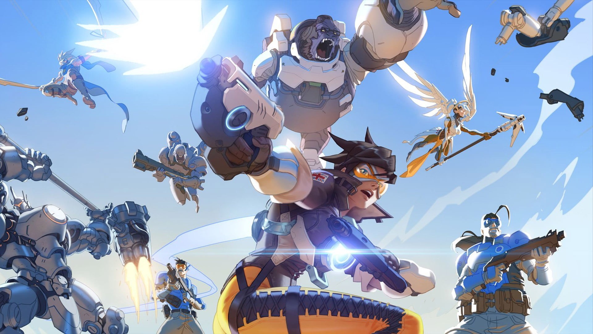 sunbeam, Reinhardt (Overwatch), directly below, lens flare, group, festival, low angle view, real people, representation, clear sky, adult, day, Tracer (Overwatch), HD Wallpaper