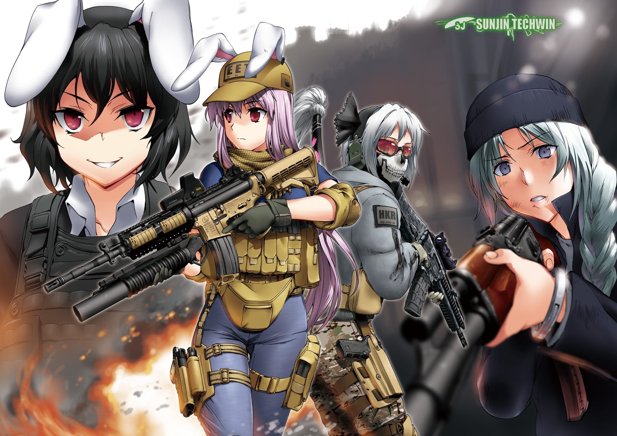 anime girls, standing, real people, military, day, protection, weapon, safety, communication, 1080P, crossover, government, anime, people, representation, HD Wallpaper