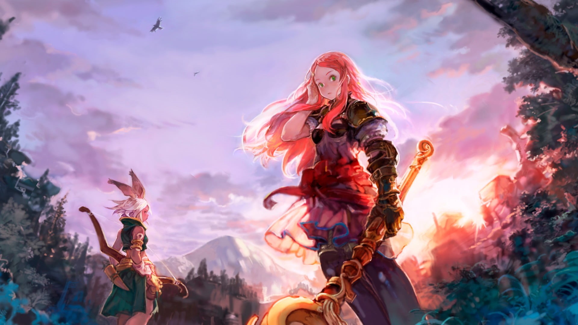 sunset, sky, bow, Final Fantasy Tactics, blonde, pink hair, one person, cloud - sky, 1080P, festival, sculpture, forest, performance, art and craft, religion, HD Wallpaper