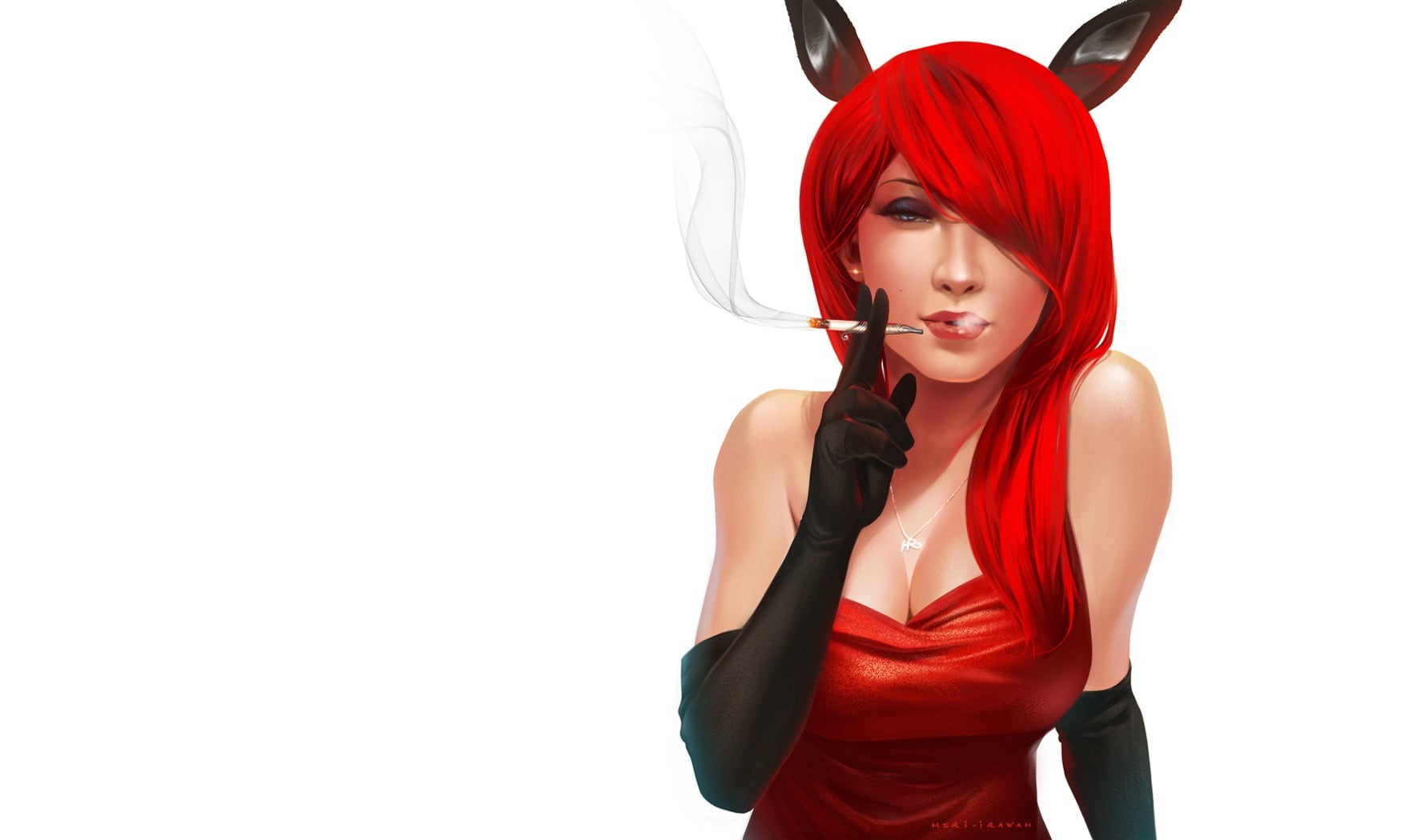 bunny ears, dyed hair, beauty, black gloves, woman, front view, wearing, beautiful woman, indoors, simple background, smiling, 720P, smoking, HD Wallpaper