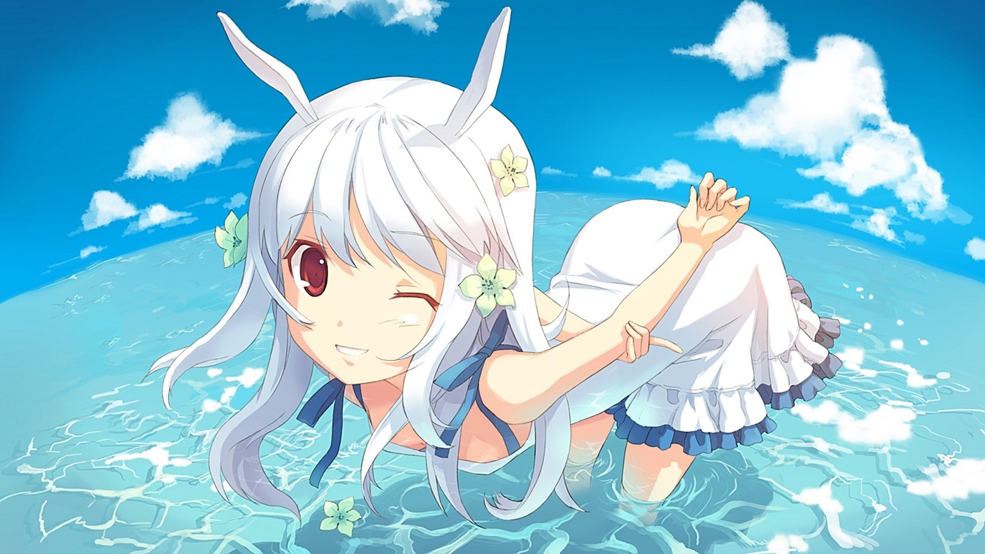 art and craft, cold temperature, one person, outdoors, cloud - sky, angel, winter, land, blue, women, anime girls, mammal, bunny ears, 1080P, clothing, HD Wallpaper