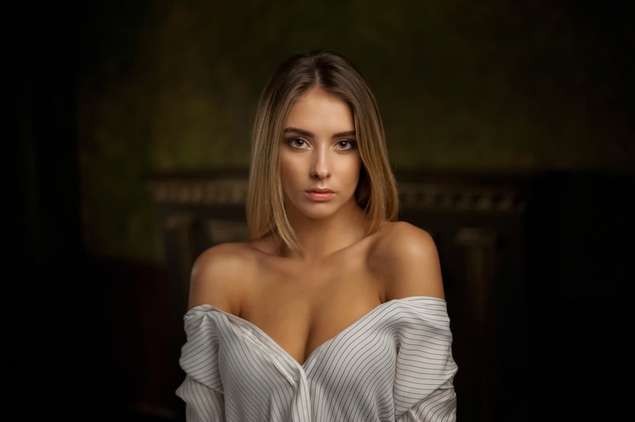 semi-dress, standing, front view, young women, women, hair, model, focus on foreground, long hair, looking at camera, Maxim Maximov, contemplation, beautiful woman, HD Wallpaper