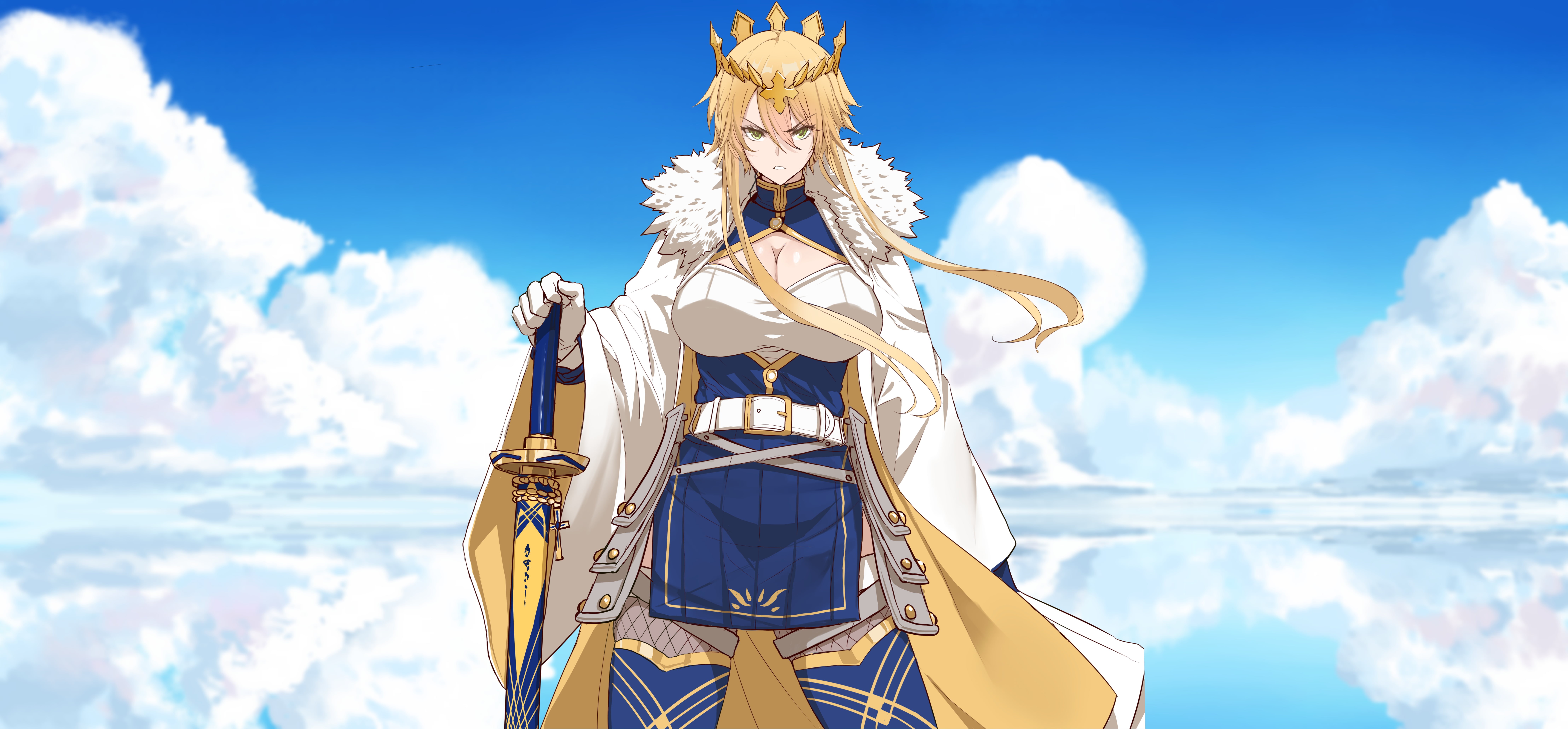 clouds, Fate/Grand Order, looking at viewer, coats, parted lips, sky, 2D, blonde, illustration, sword, Dishwasher1910, crown, drawing, artwork, cleavage, HD Wallpaper
