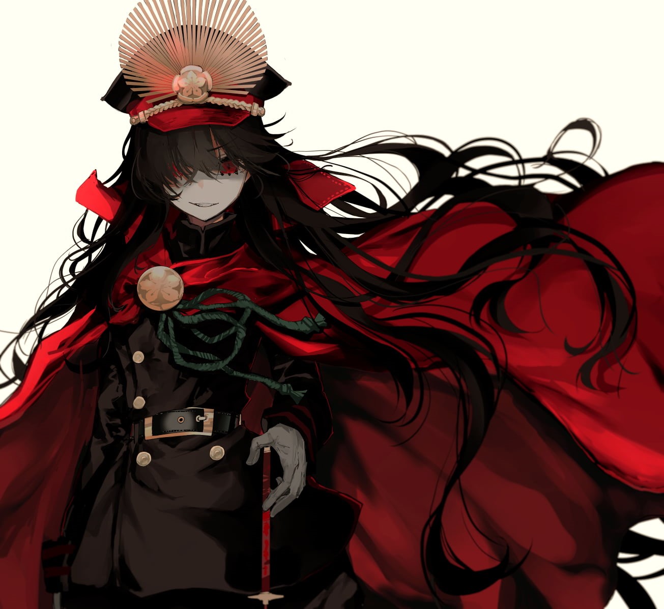 red eyes, anime, simple background, 720P, long hair, anime girls, black hair, Fate Series, Oda Nobunaga (Fate/Grand Order), Fate/Grand Order, HD Wallpaper