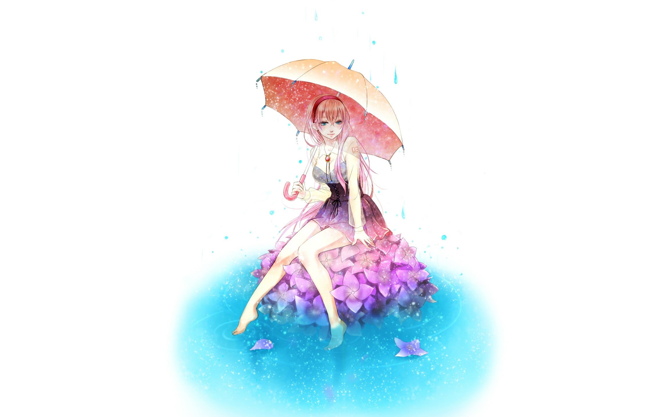 indoors, flowers, anime girls, Vocaloid, copy space, multi colored, creativity, hat, umbrella, abstract, blue, 1080P, vibrant color, rain, purple, art and craft, HD Wallpaper