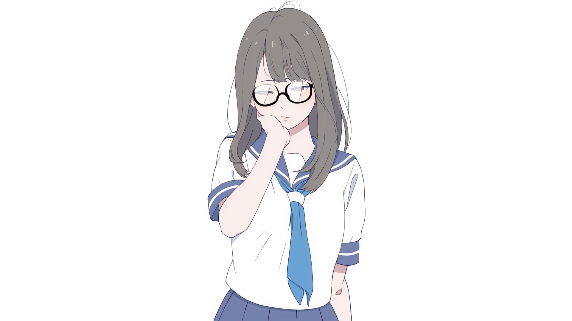 simple background, sailor uniform, white background, manga, meganekko, minimalism, 1080P, anime, schoolgirl, anime girls, glasses, HD Wallpaper