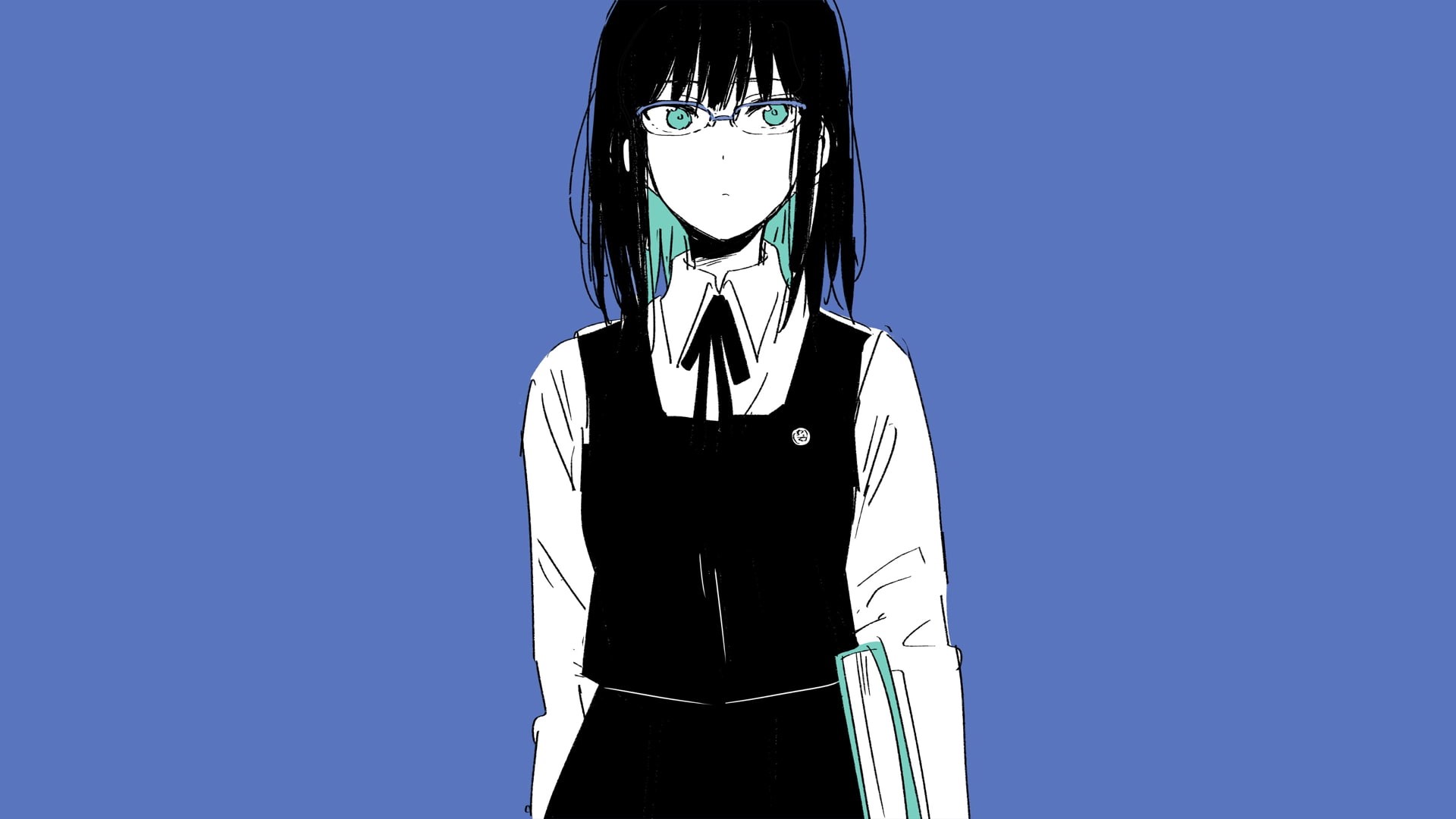 studio shot, anime, casual clothing, colored background, blue background, blue, minimalism, waist up, teenager, young adult, manga, 1080P, clothing, schoolgirl, HD Wallpaper