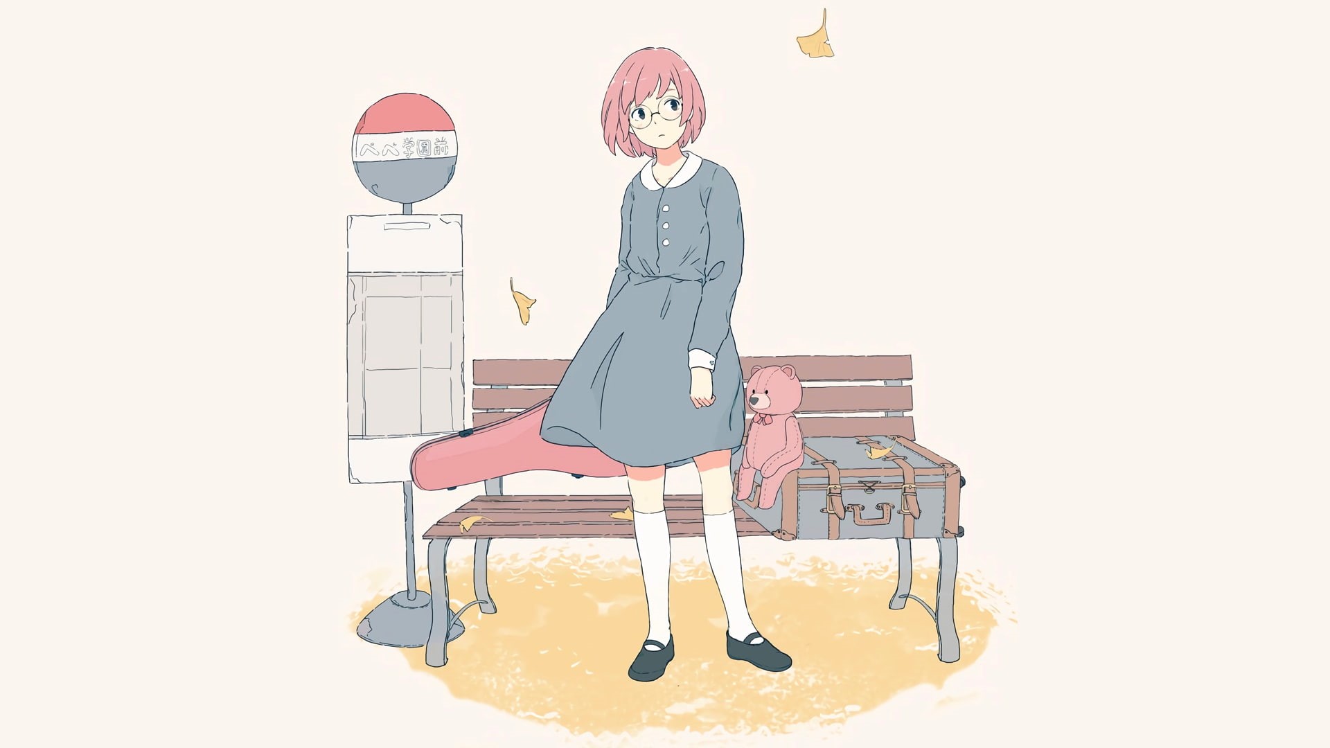 teddy bears, 1080P, schoolgirl, meganekko, guitar, anime, simple background, anime girls, glasses, pink hair, short hair, manga, minimalism, HD Wallpaper