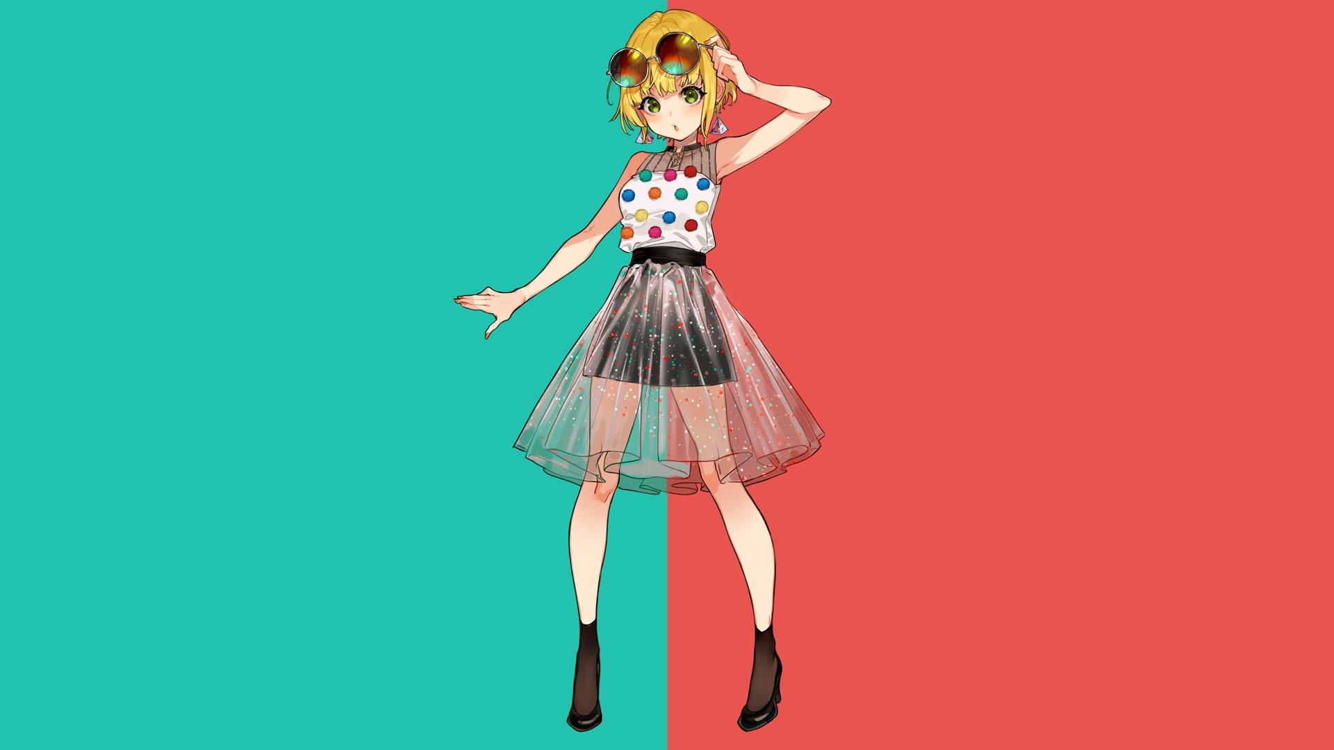meganekko, anime girls, minimalism, blonde, simple background, high-heeled shoes, green, manga, 1080P, red, anime, colorful, HD Wallpaper