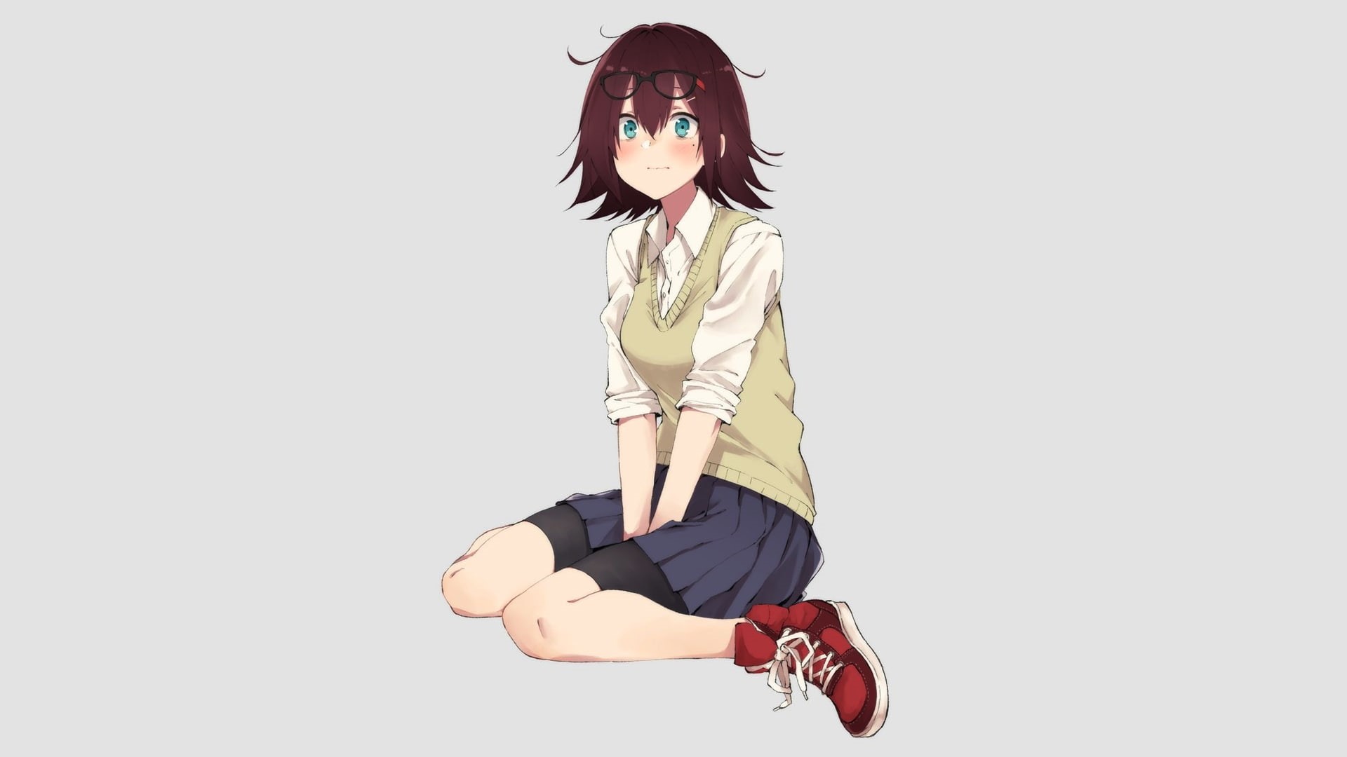 studio shot, hairstyle, 1080P, looking at camera, white background, meganekko, young adult, copy space, glasses, fashion, females, schoolgirl, sitting, HD Wallpaper