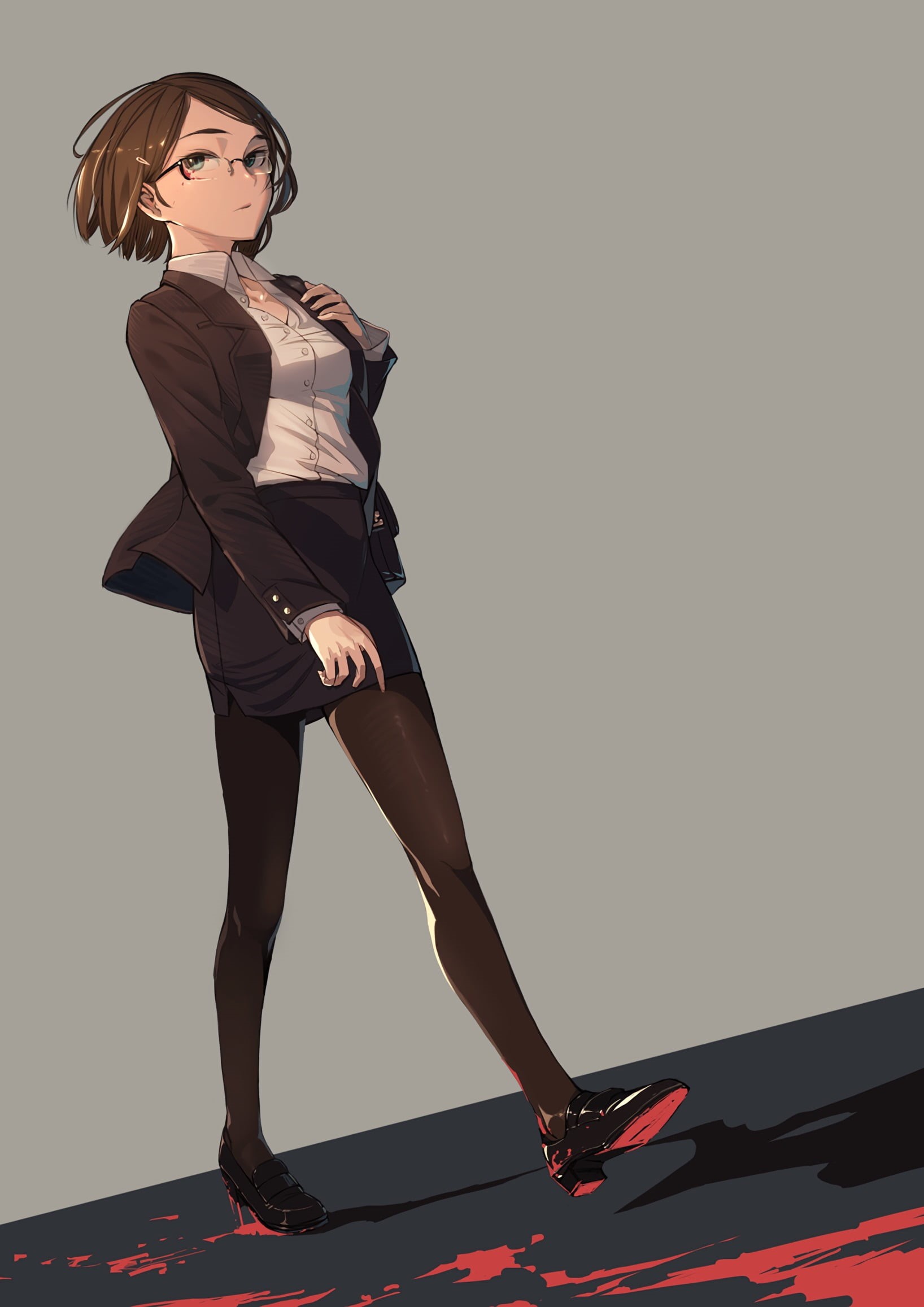 young adult, beauty, high heels, studio shot, hair, women, 1080P, brunette, short hair, glasses, hairstyle, skirt, business suit, anime girls, arts culture and entertainment, Phone HD Wallpaper