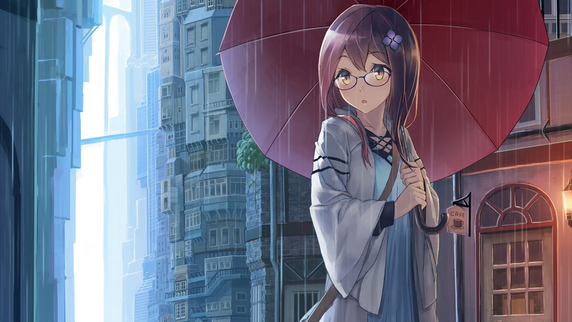 architecture, beautiful woman, built structure, young adult, anime, outdoors, leisure activity, city, glasses, umbrella, lifestyles, anime girls, building exterior, HD Wallpaper
