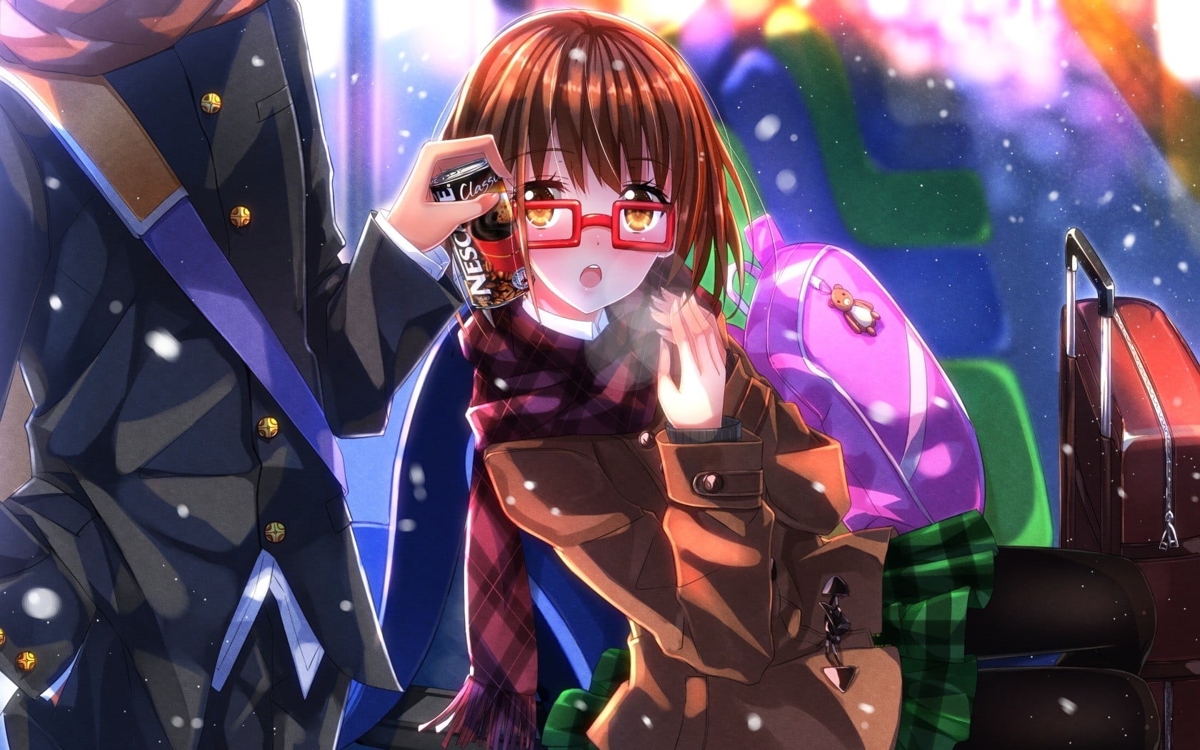 representation, scarf, wireless technology, real people, anime girls, brunette, human representation, technology, illuminated, multi colored, front view, HD Wallpaper