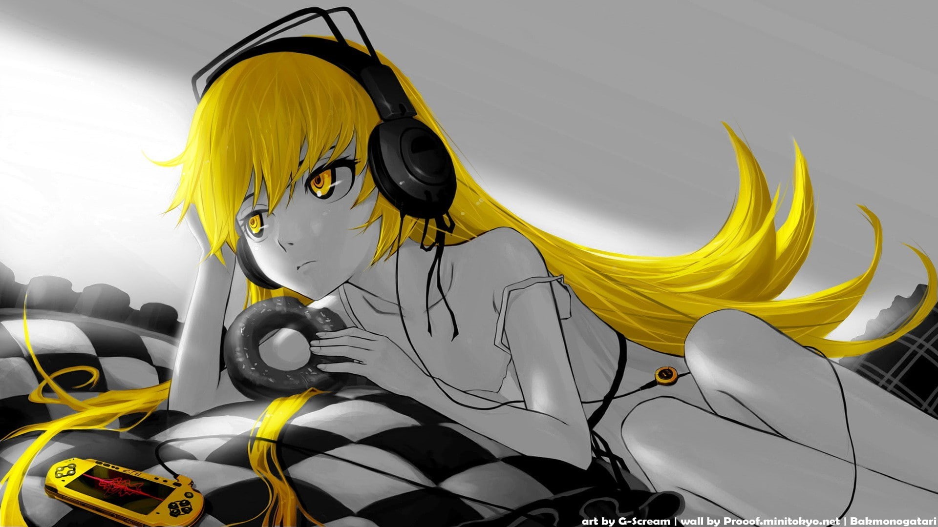 selective coloring, Monogatari Series, 1080P, Oshino Shinobu, anime girls, Game Babe, PSP, headphones, yellow hair, HD Wallpaper