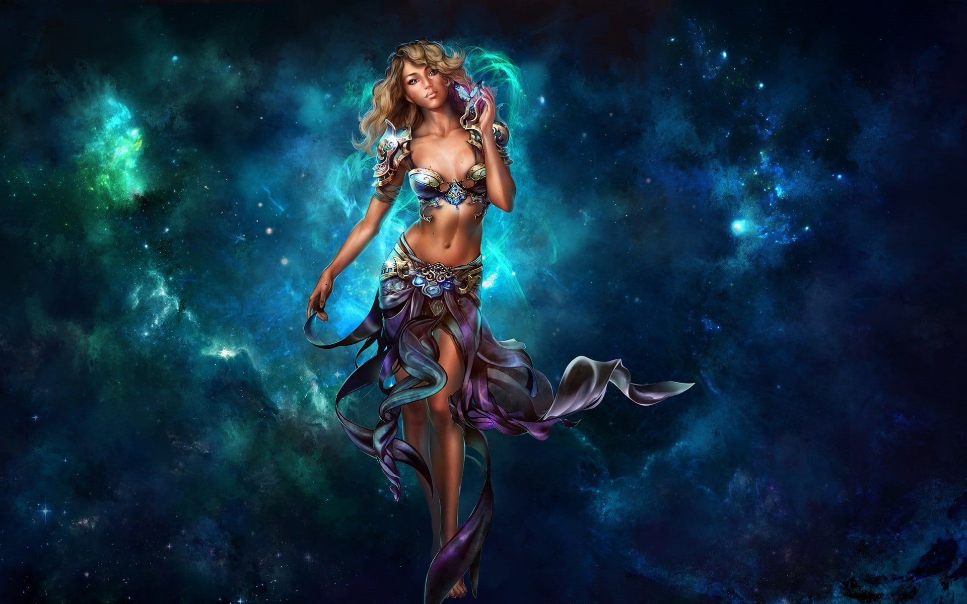 girls, universe, warrior, sci, fiction, knight, online, stars, brunette, women, science, babes, world, sensual, females, 1080P, nebula, video, armor, space, HD Wallpaper