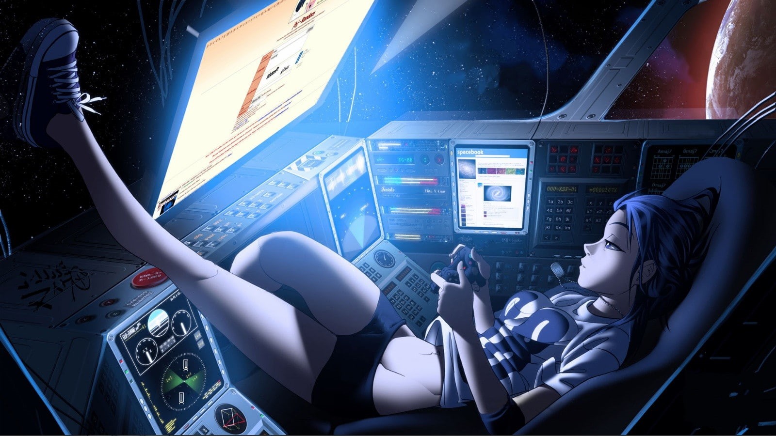 controllers, spaceship, cyan, 720P, science fiction, artwork, manga, 88 Girl, gamers, anime girls, digital art, futuristic, colorful, cockpit, space station, HD Wallpaper