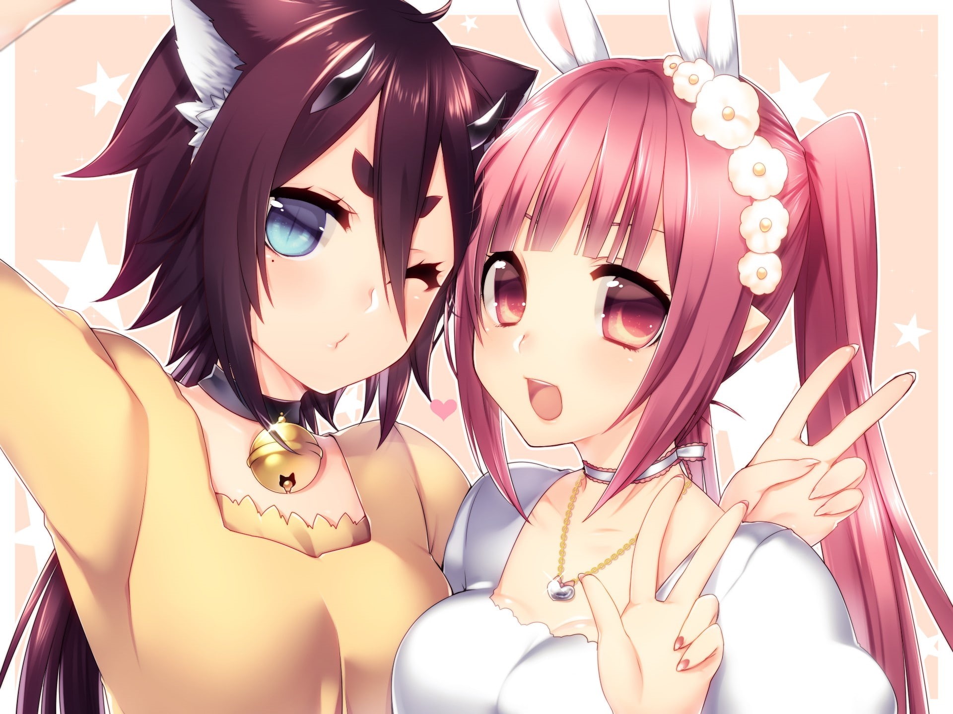 blue eyes, pink eyes, Phantasy Star Online 2, pink hair, nekomimi, 1080P, long hair, open shirt, bunny ears, short hair, anime, horns, animal ears, anime girls, HD Wallpaper