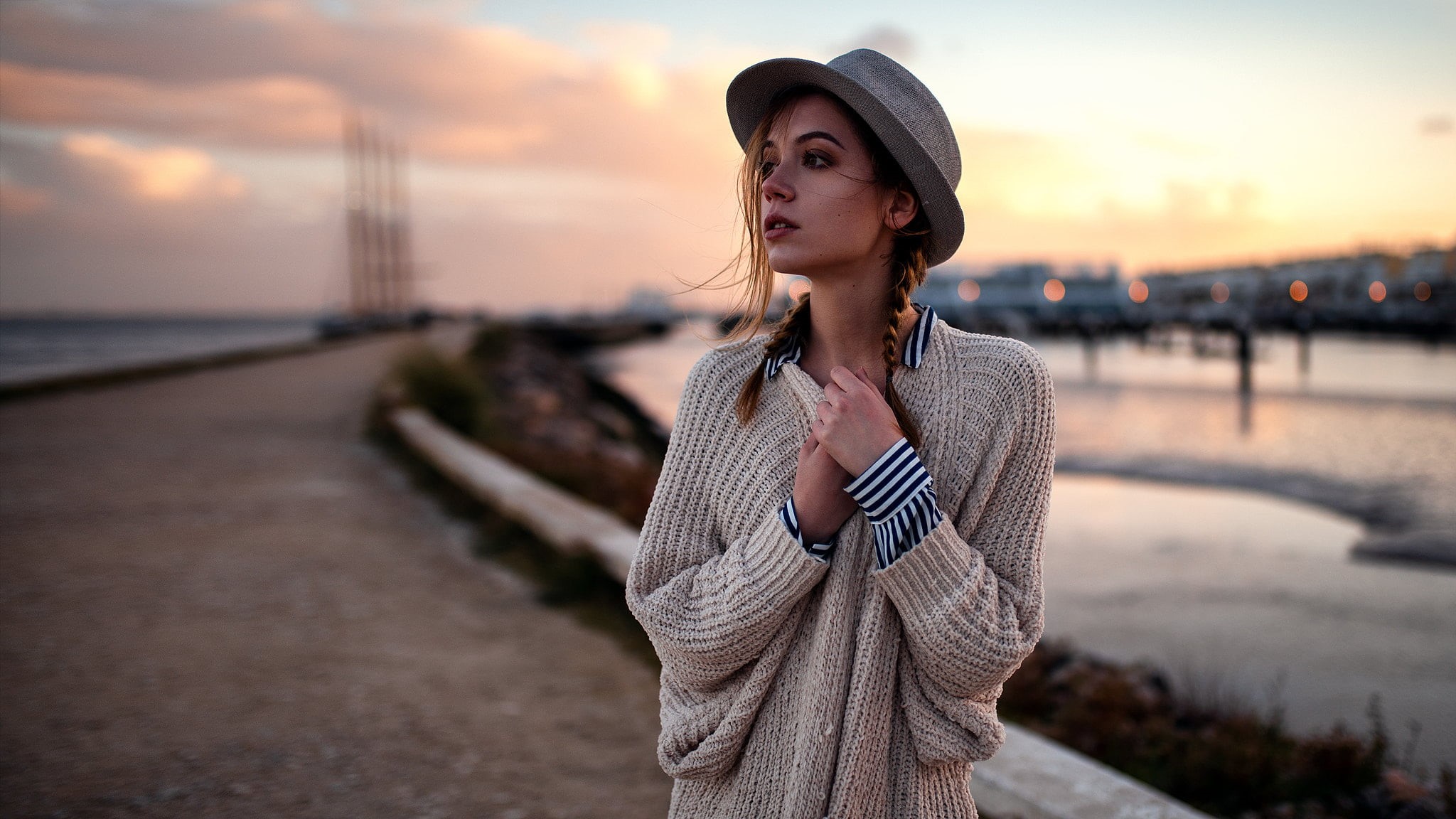 looking, water, Yuriy Lyamin, hat, looking away, beauty, waist up, women, casual clothing, Ksenia Kokoreva, adult, young adult, clothing, 1080P, women outdoors, HD Wallpaper