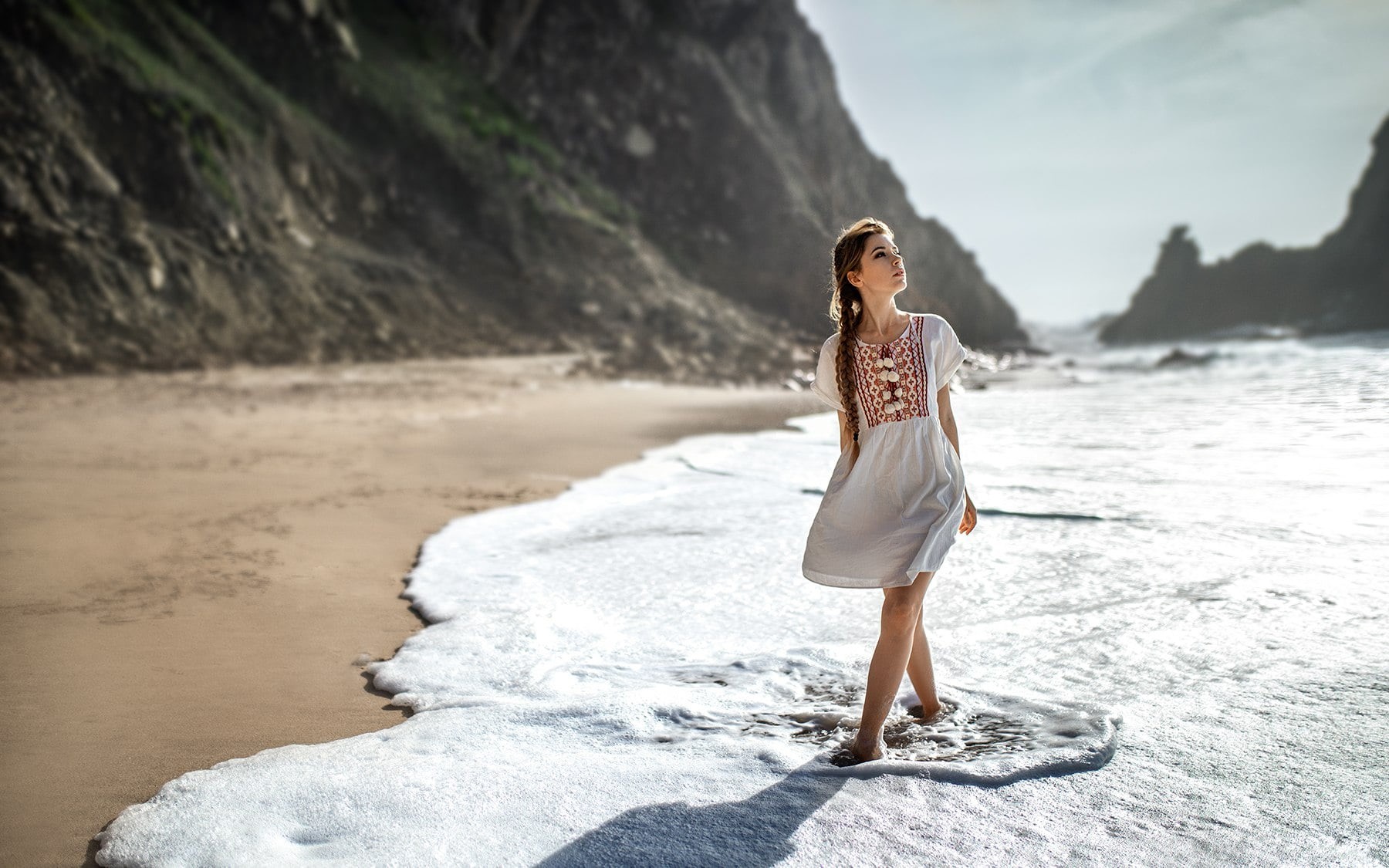 outdoors, brunette, women, coast, young adult, adult, lifestyles, dress, waves, holiday, hair, hairstyle, Yuriy Lyamin, beach, standing, leisure activity, HD Wallpaper