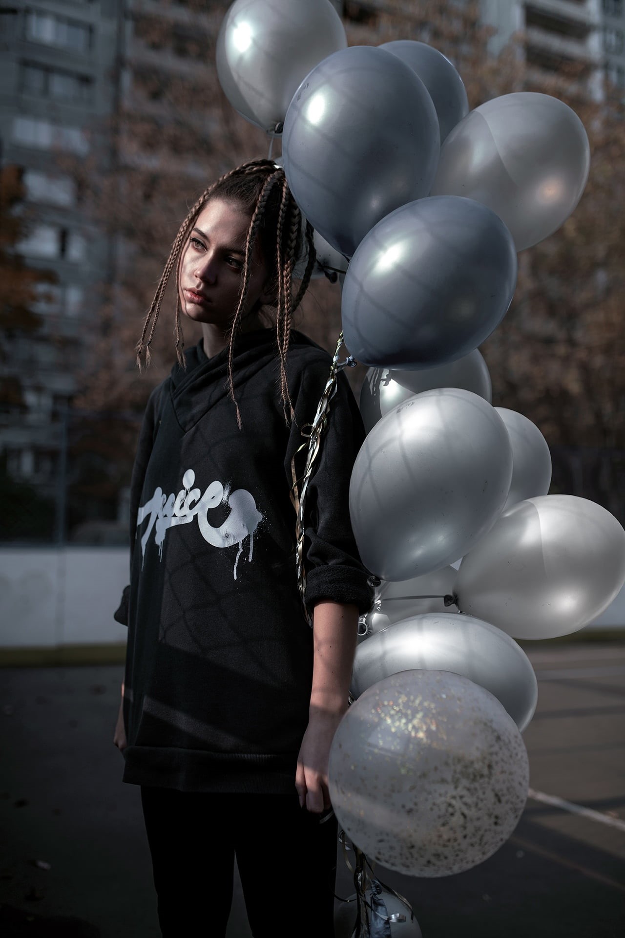 outdoors, long hair, balloon, braids, black clothing, Ksenia Kokoreva, women, Yuriy Lyamin, hoods, brunette, 1080P, silver, Phone HD Wallpaper