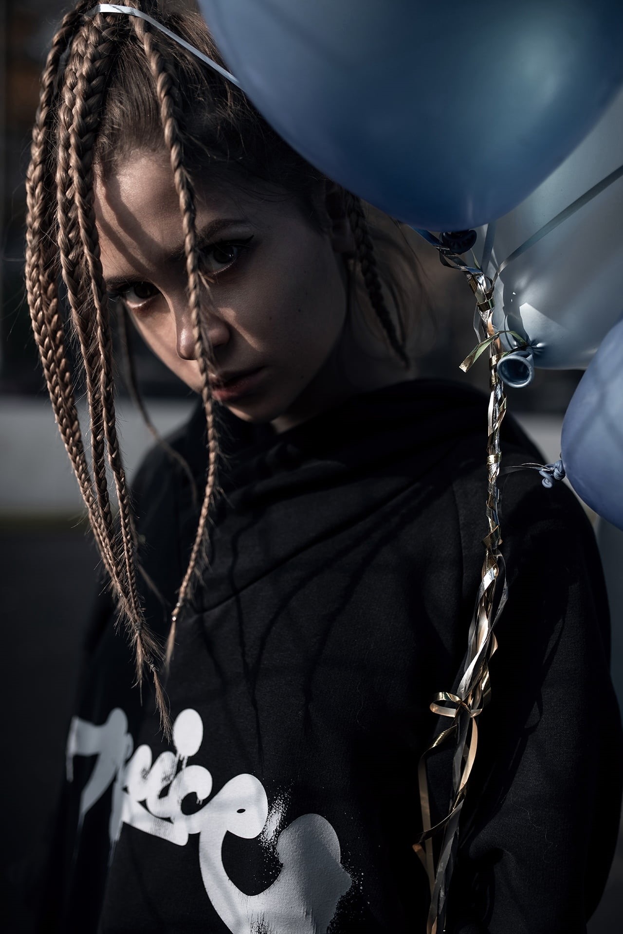 women, braids, long hair, balloon, silver, brunette, hoods, outdoors, Ksenia Kokoreva, black clothing, 1080P, Yuriy Lyamin, Phone HD Wallpaper