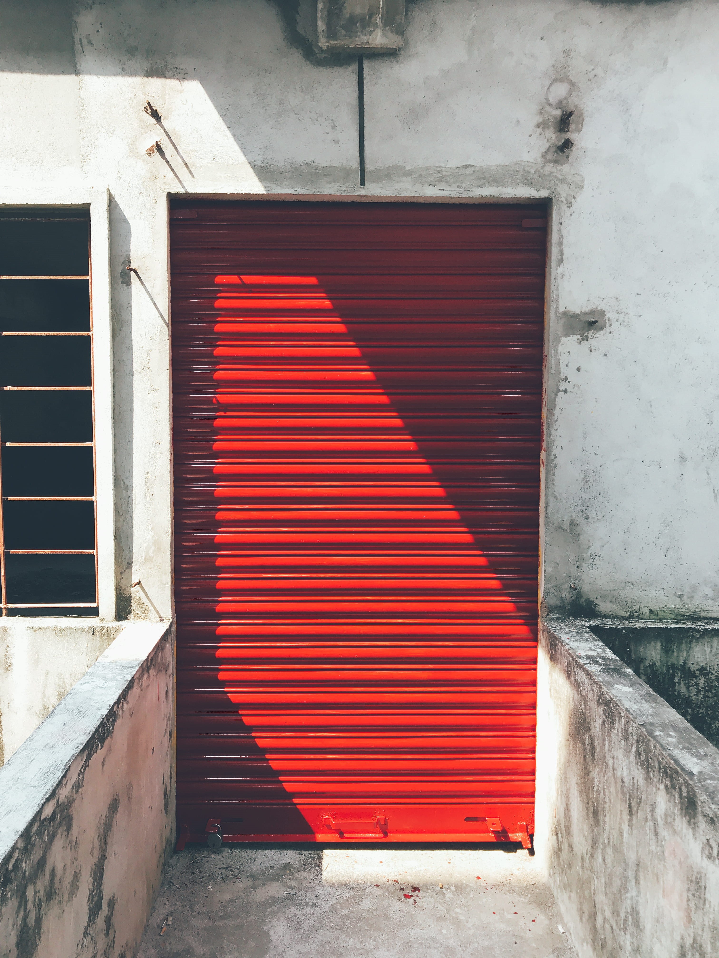 closed, no people, house, day, protection, safety, entrance, wall, red, shutters, building exterior, window, corrugated, architecture, 4K, garage, roller, Phone HD Wallpaper