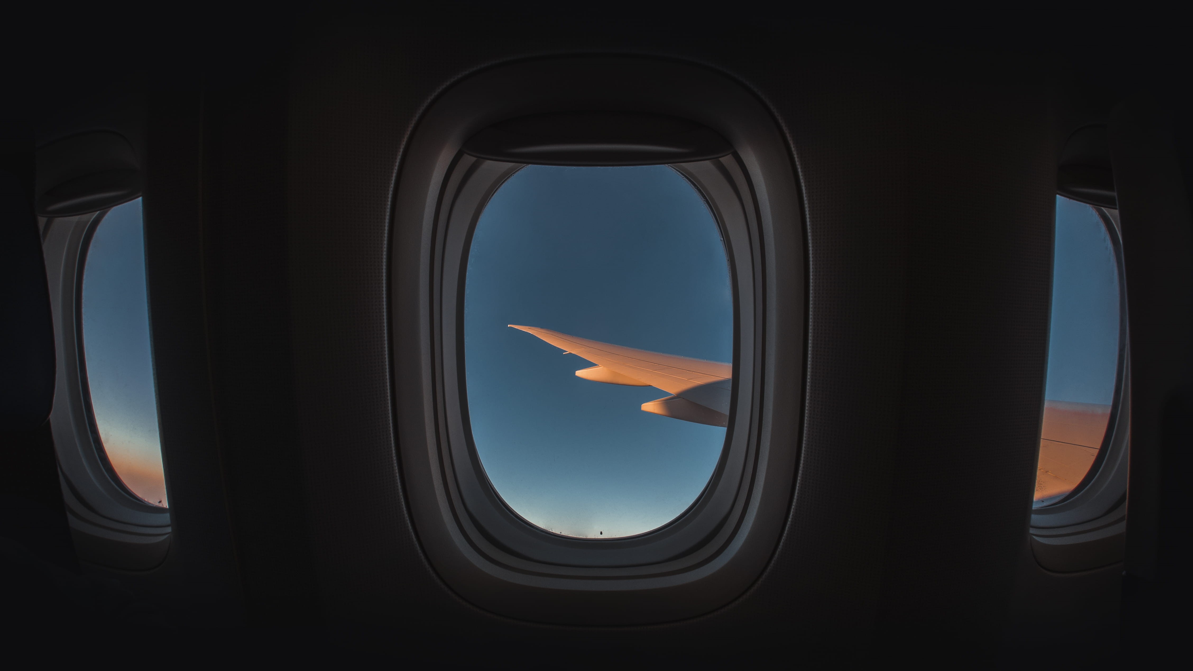geometric shape, journey, ramon kagie, airplane, aircraft wing, window, klm, sunset, porthole, flare, air vehicle, clear sky, curtain, travel, flying, private airplane, HD Wallpaper