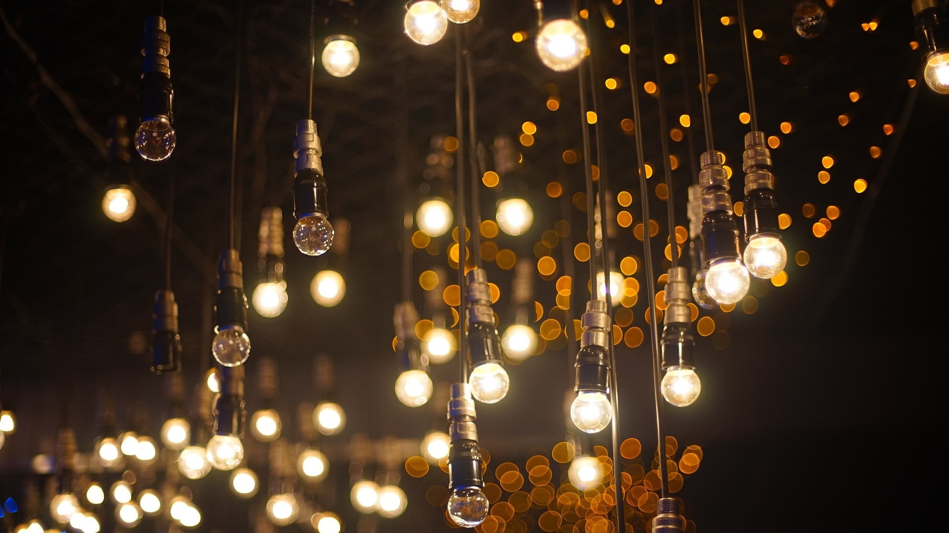 bokeh, light bulb, indoors, ceiling, electricity, in a row, holiday, defocused, light - natural phenomenon, lights, depth of field, electric light, 1080P, HD Wallpaper