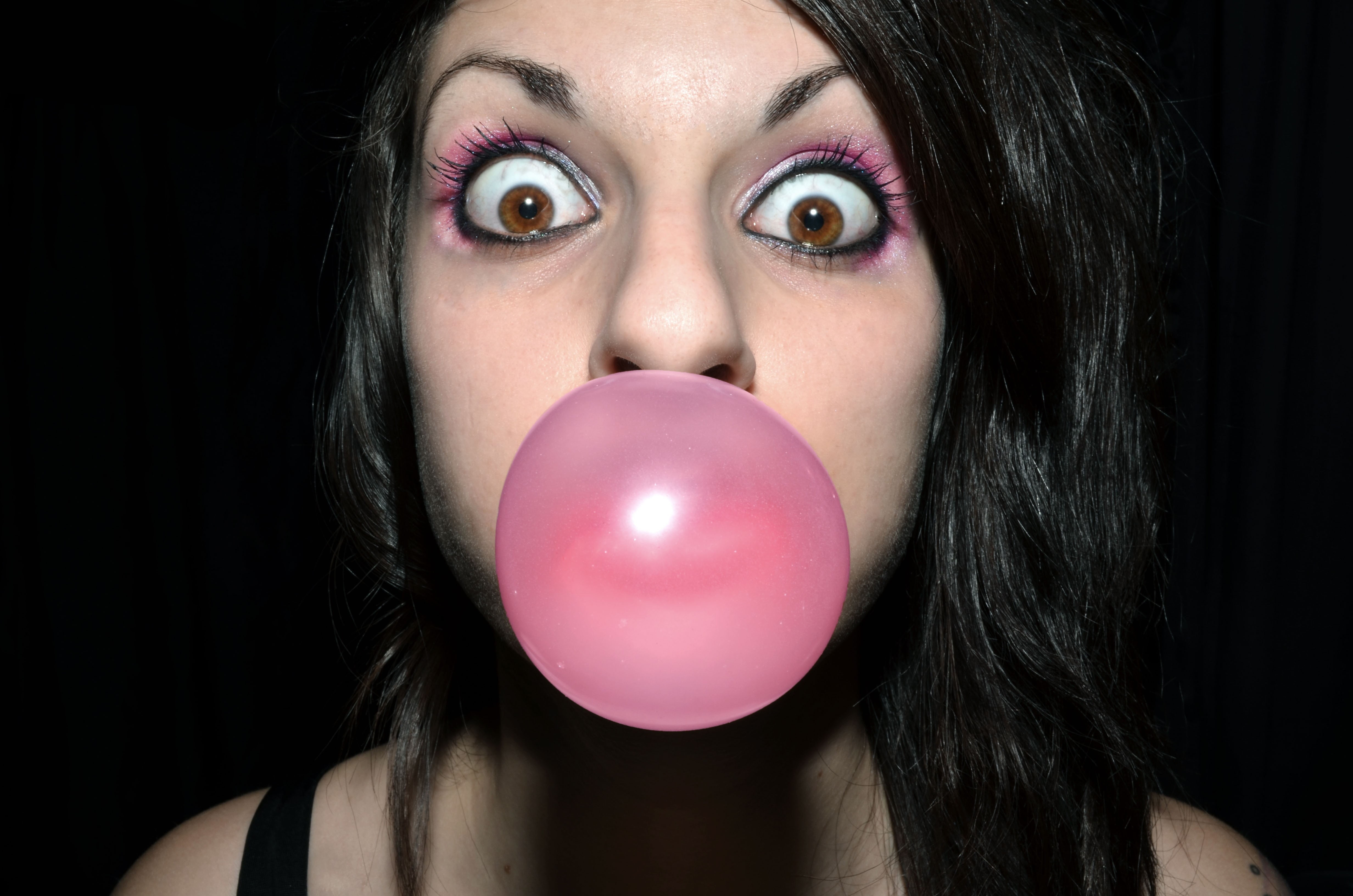 body part, black background, human face, brunette, bubbles, brown eyes, women, headshot, model, bubble gum, studio shot, indoors, bare shoulders, looking at viewer, HD Wallpaper