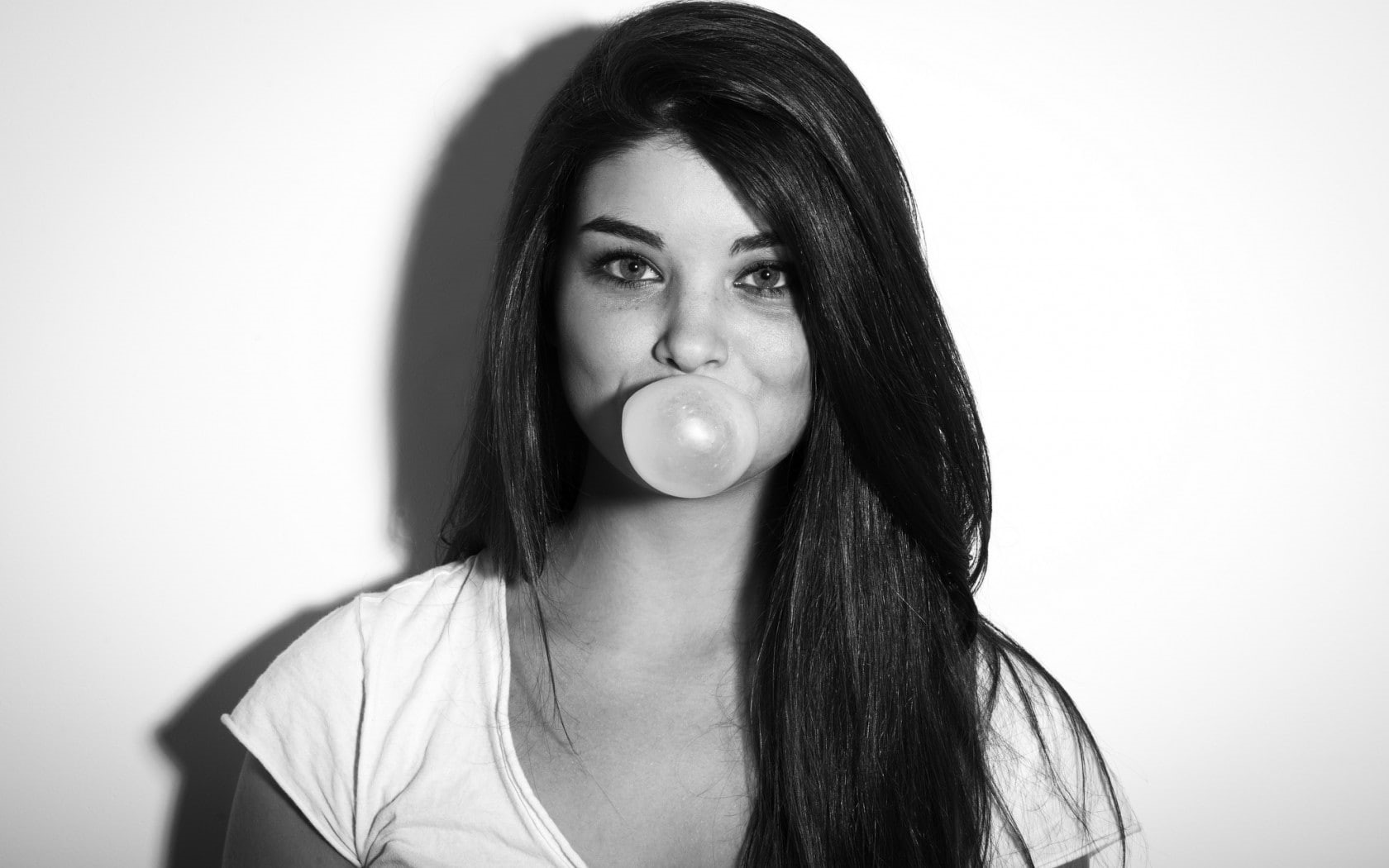 real people, women, close-up, bubble gum, portrait, straight hair, dark hair, indoors, white background, hair, contemplation, long hair, one person, beauty, HD Wallpaper