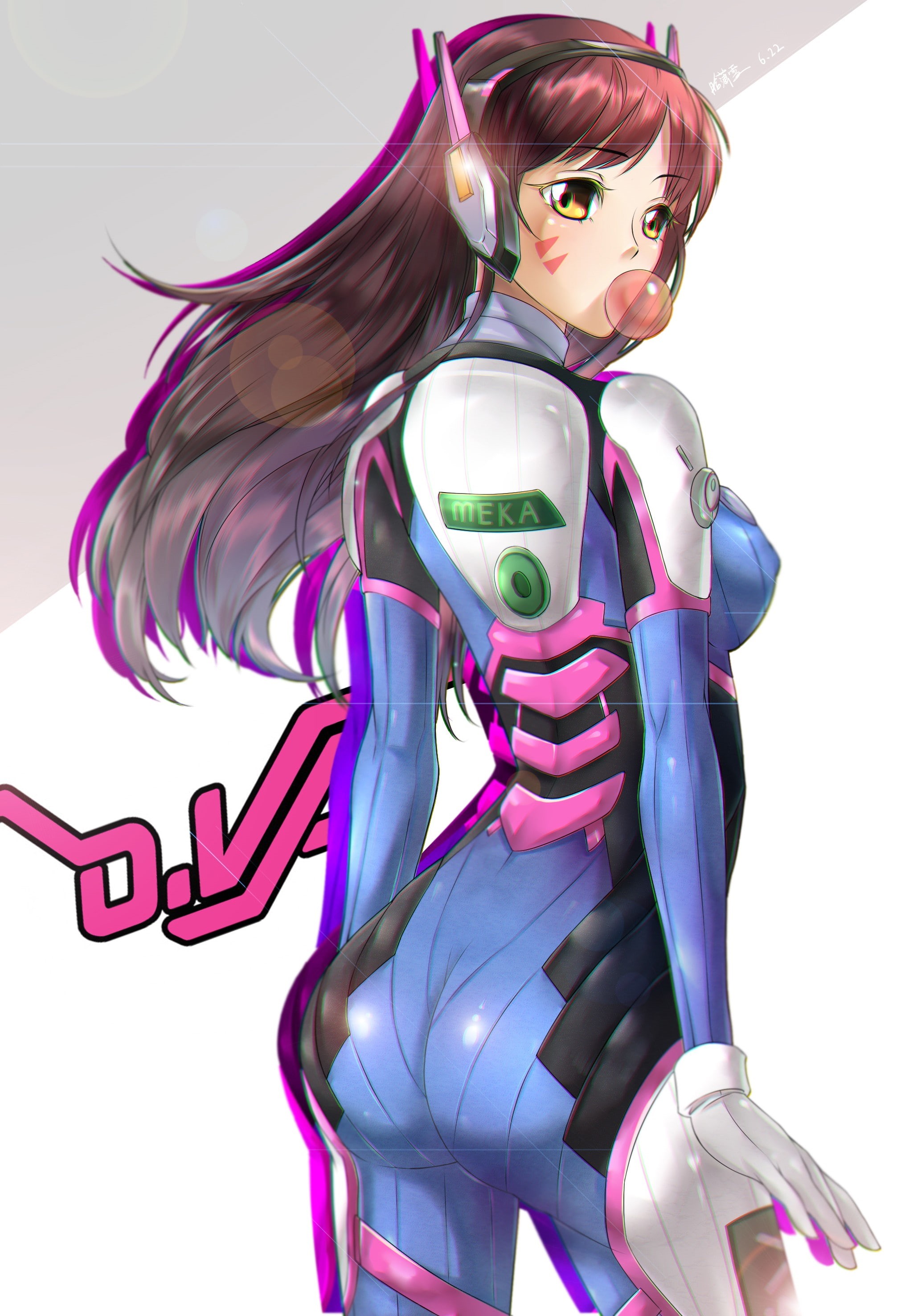 anime, bodysuit, 2K, headphones, long hair, D.Va (Overwatch), bubble gum, anime girls, Overwatch, Phone HD Wallpaper