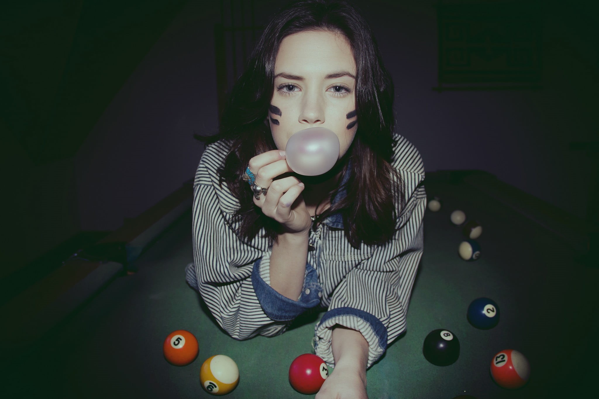 young adult, lifestyles, indoors, hairstyle, holding, billiards, leisure activity, women, brunette, shirt, 1080P, food and drink, pool table, real people, HD Wallpaper