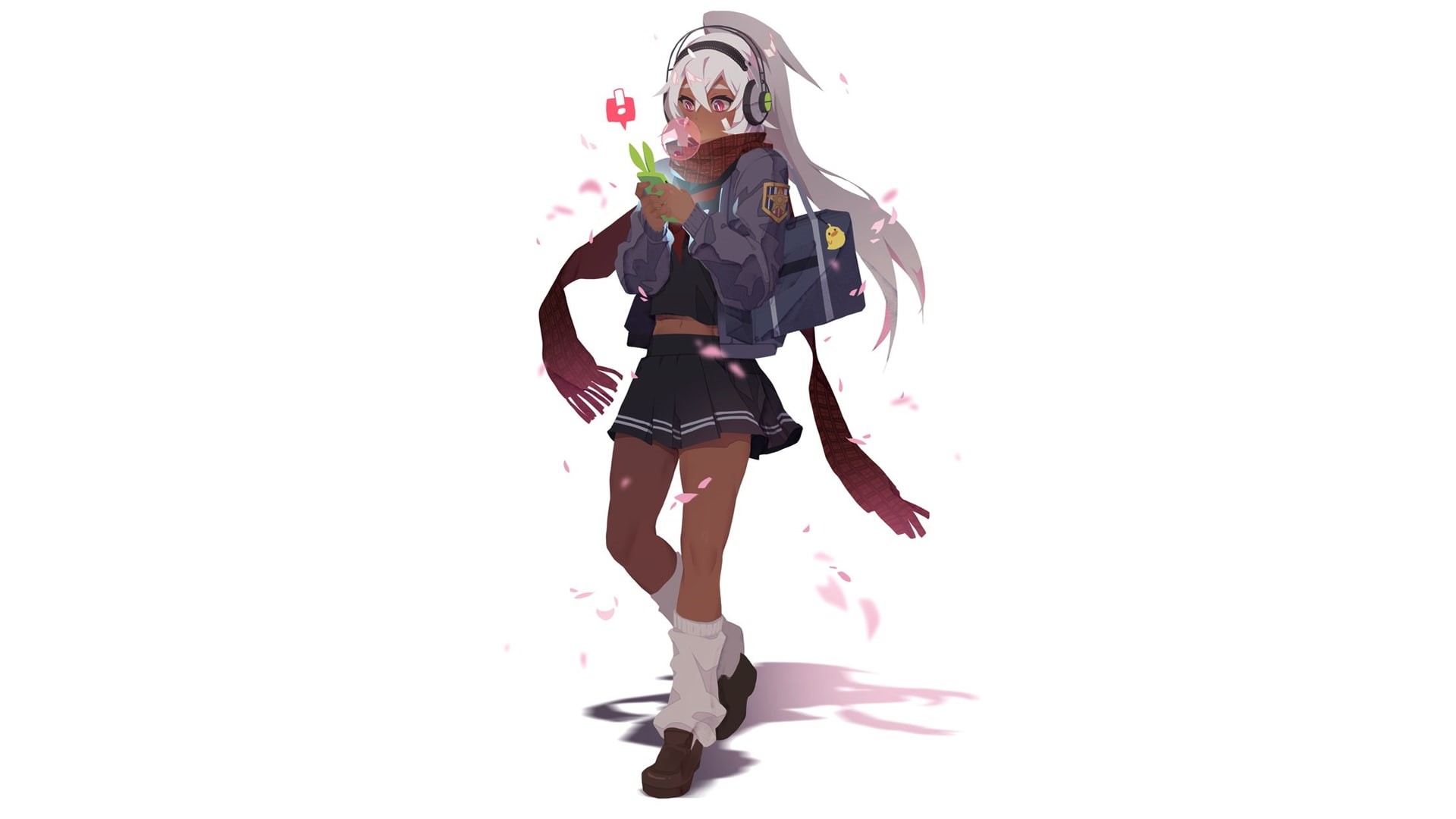 1080P, smartphone, manga, schoolgirl, simple background, scarf, white hair, headphones, bubble gum, anime girls, school uniform, anime, HD Wallpaper
