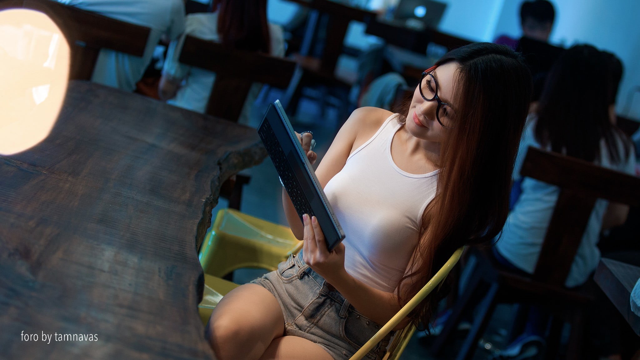 relaxation, brown hair, portrait, lens, hair, young adult, beautiful people, indoors, activity, Asian, lifestyles, fake glasses, young women, 1080P, seat, HD Wallpaper